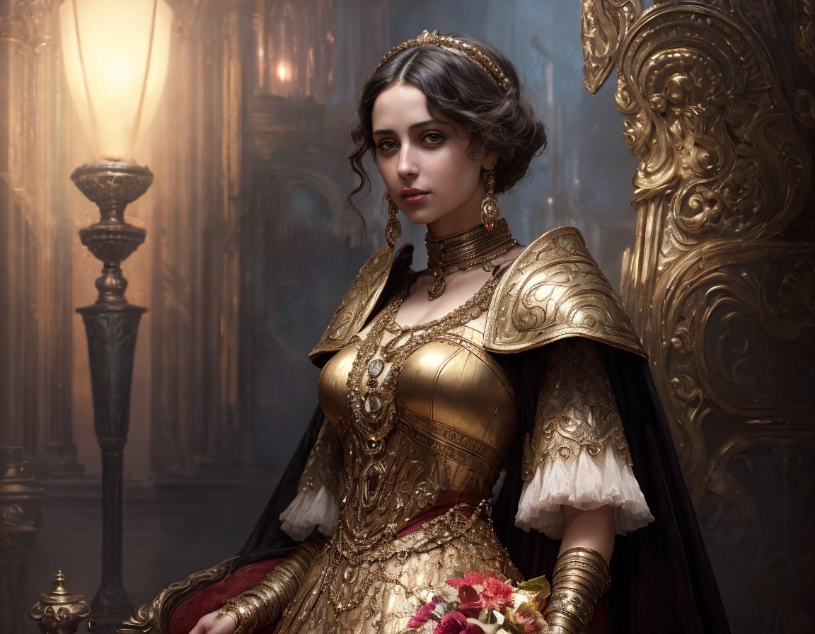 Regal Woman in Golden Medieval Attire by Lamp Post