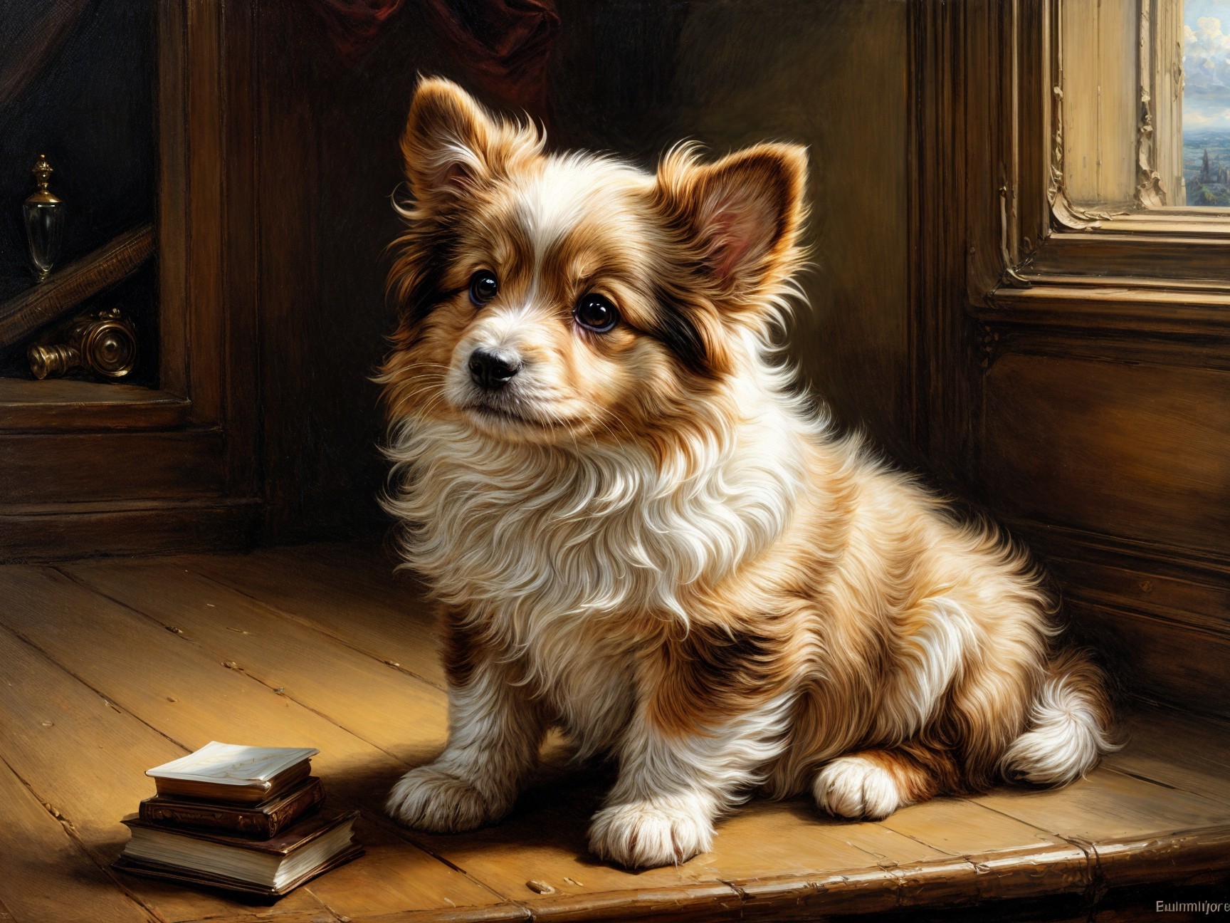 Fluffy Dog with Brown and White Fur in Cozy Room
