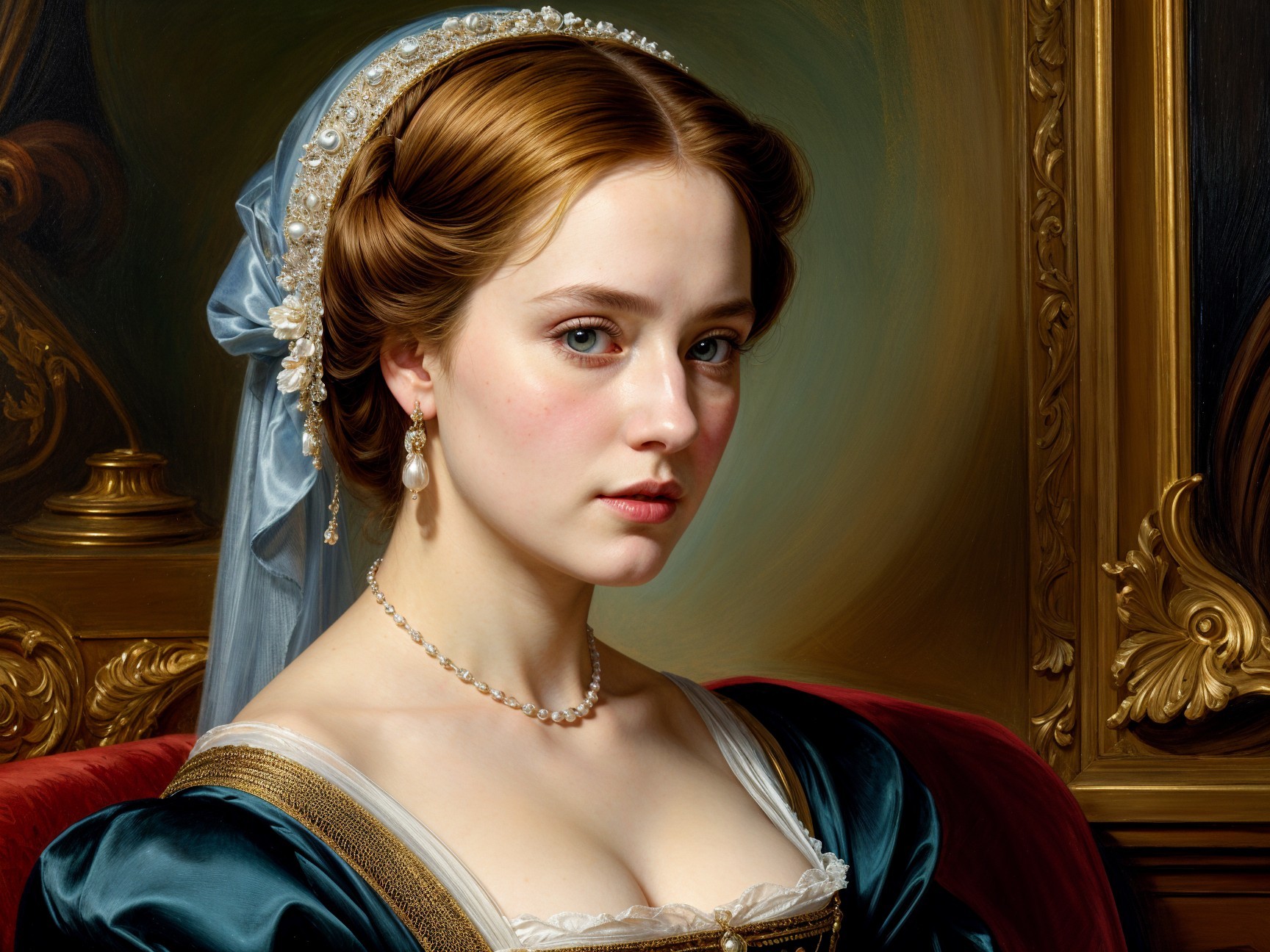Young woman in teal dress with elegant features