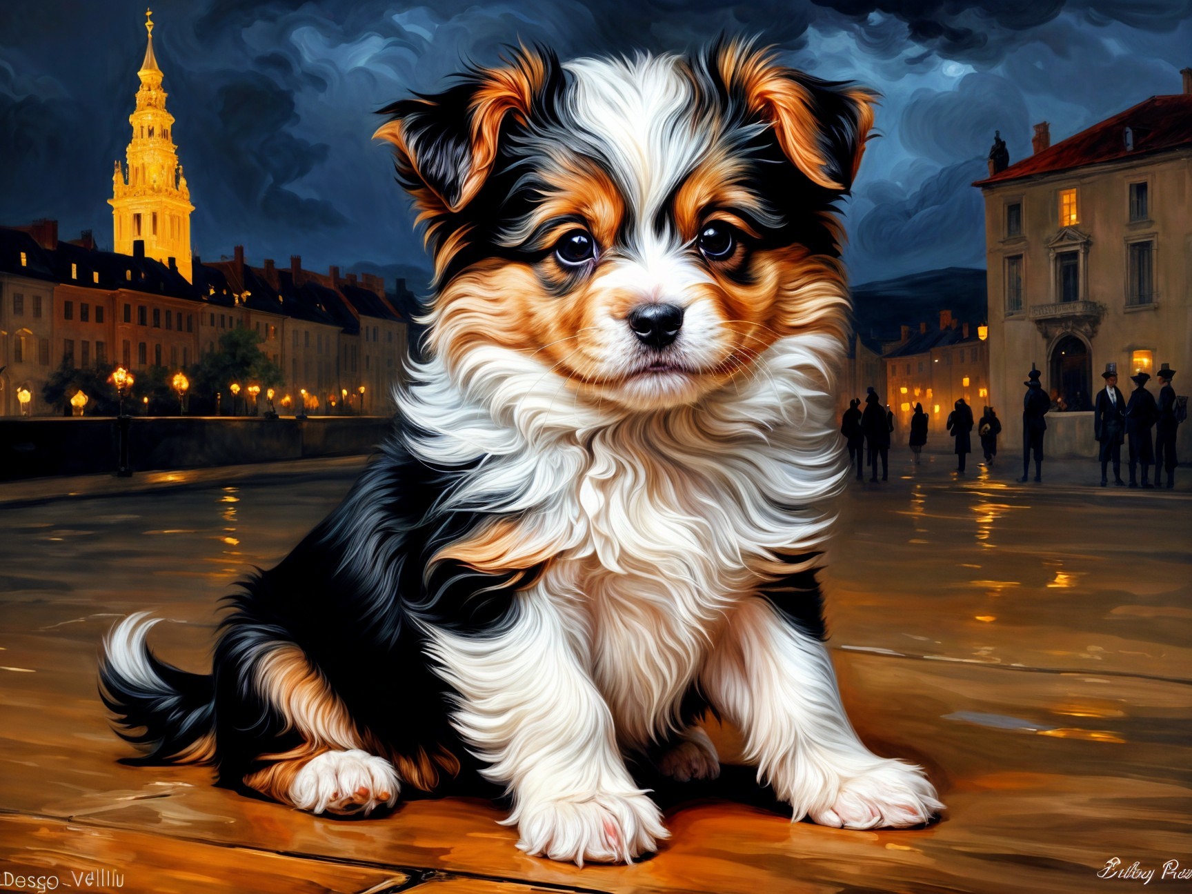 Fluffy Puppy in Charming Urban Twilight Setting