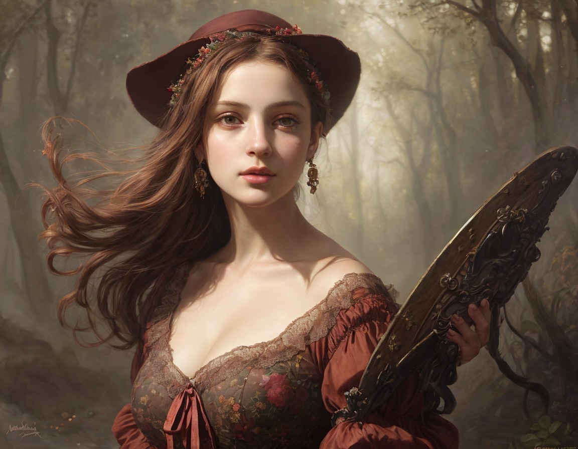 Woman in Hat and Dress Holding Mirror in Foggy Forest