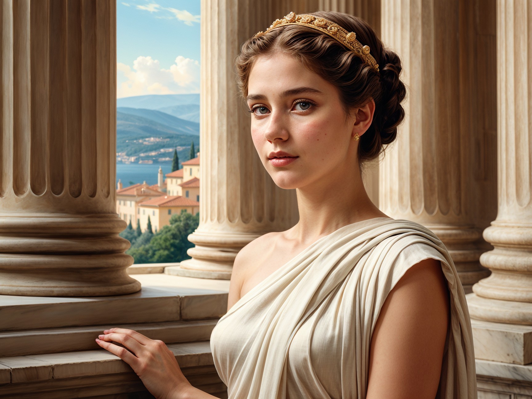Young Woman in Classical Setting with Columns and Landscape