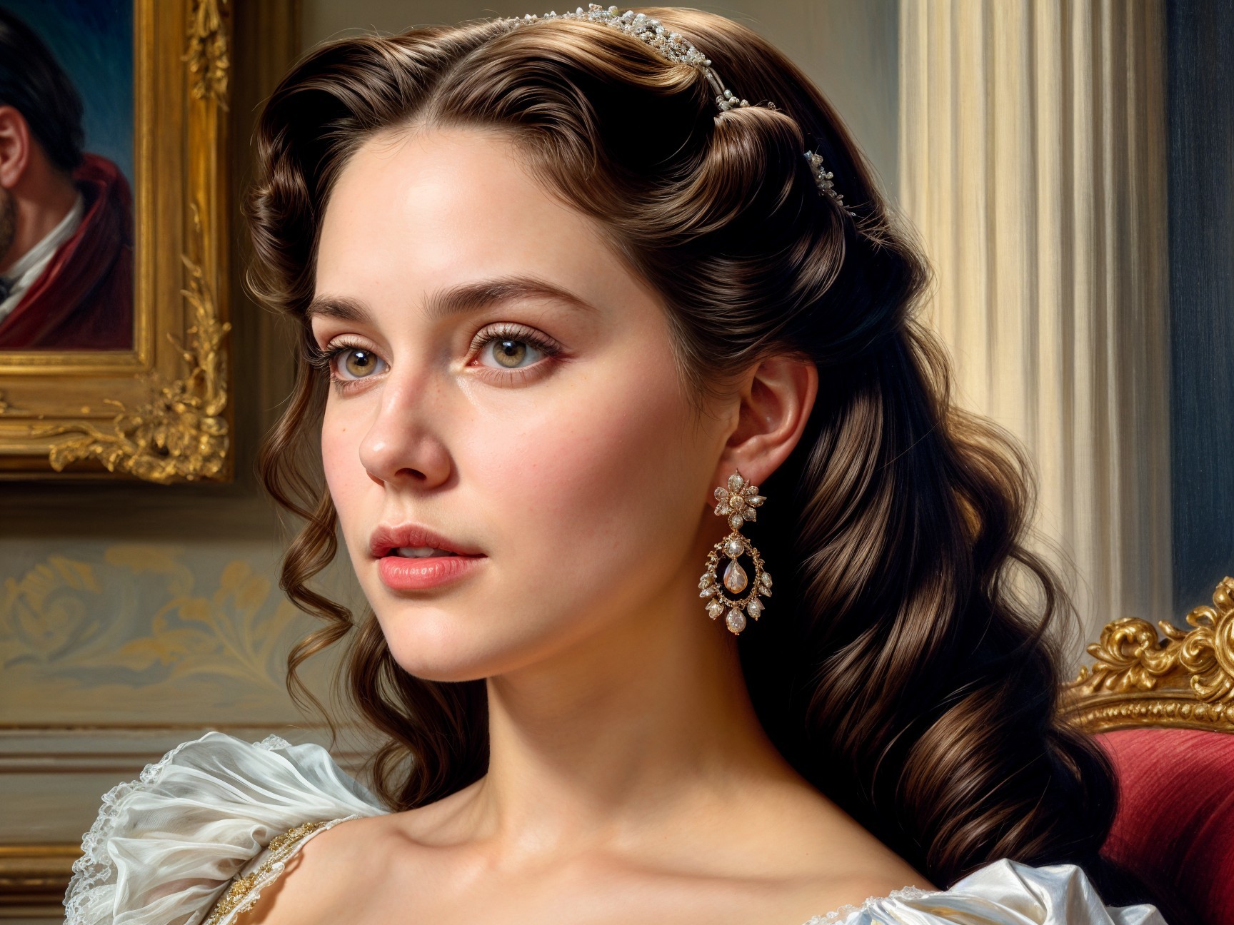 Young Woman in Elegant Gown with Soft Curls and Art Background