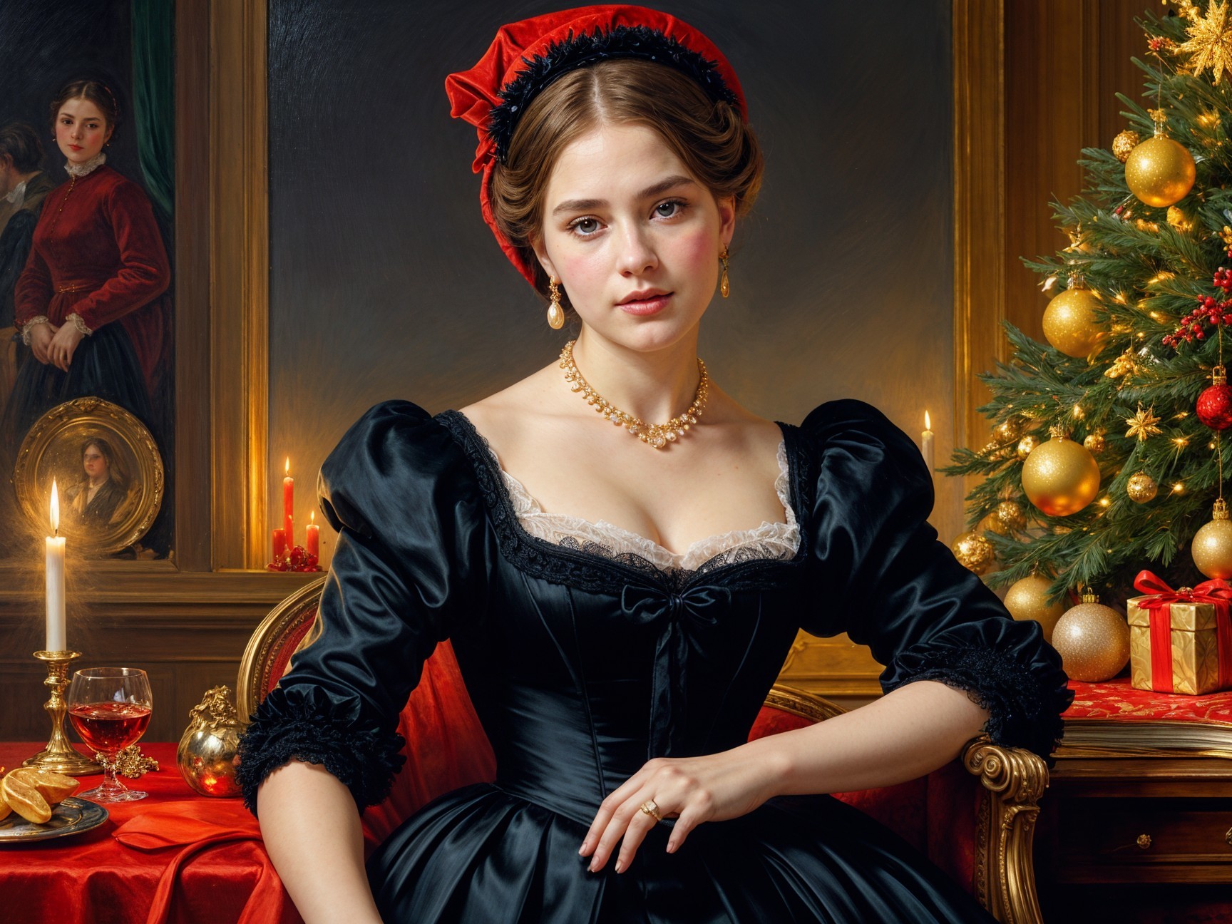Young woman in elegant black dress at festive table