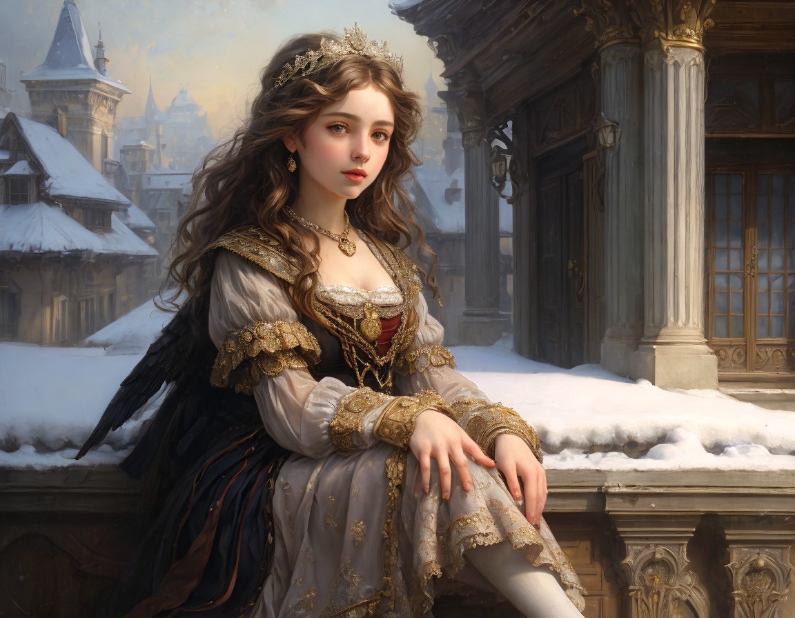 Young woman in renaissance gown by stone railing with snow and historical buildings