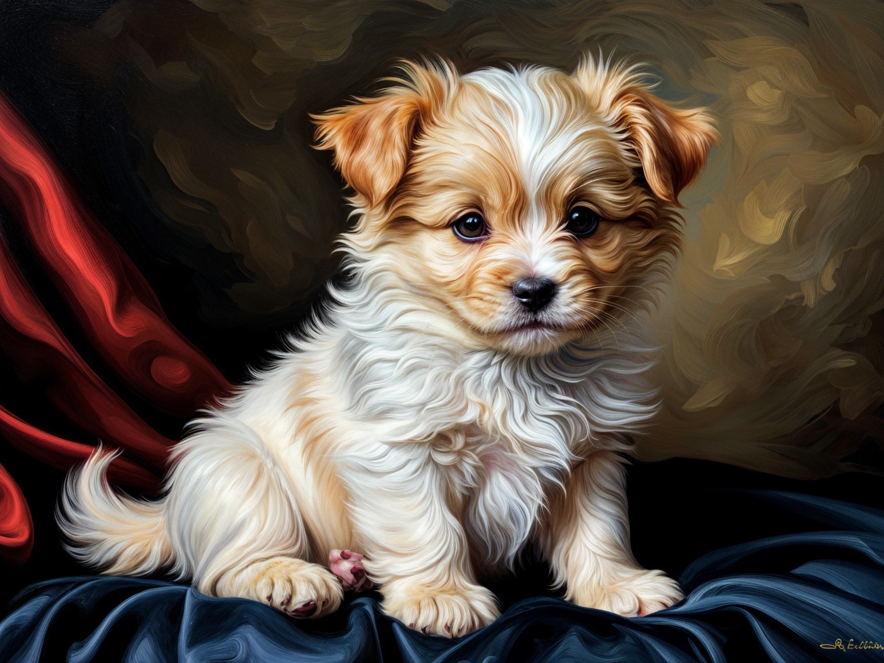 Fluffy Cream and Brown Puppy on Dark Blue Fabric