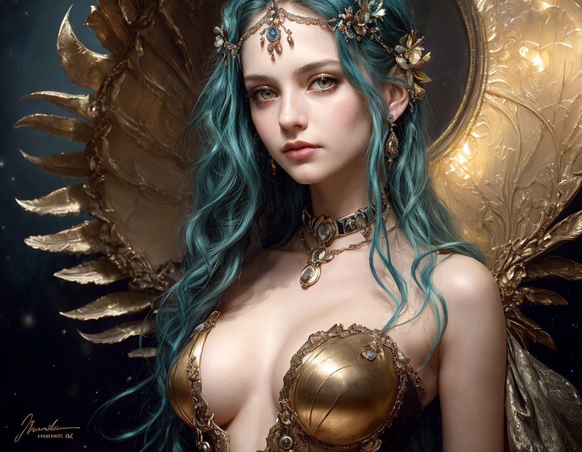 Blue-haired female fantasy figure in golden armor with wings on dark background