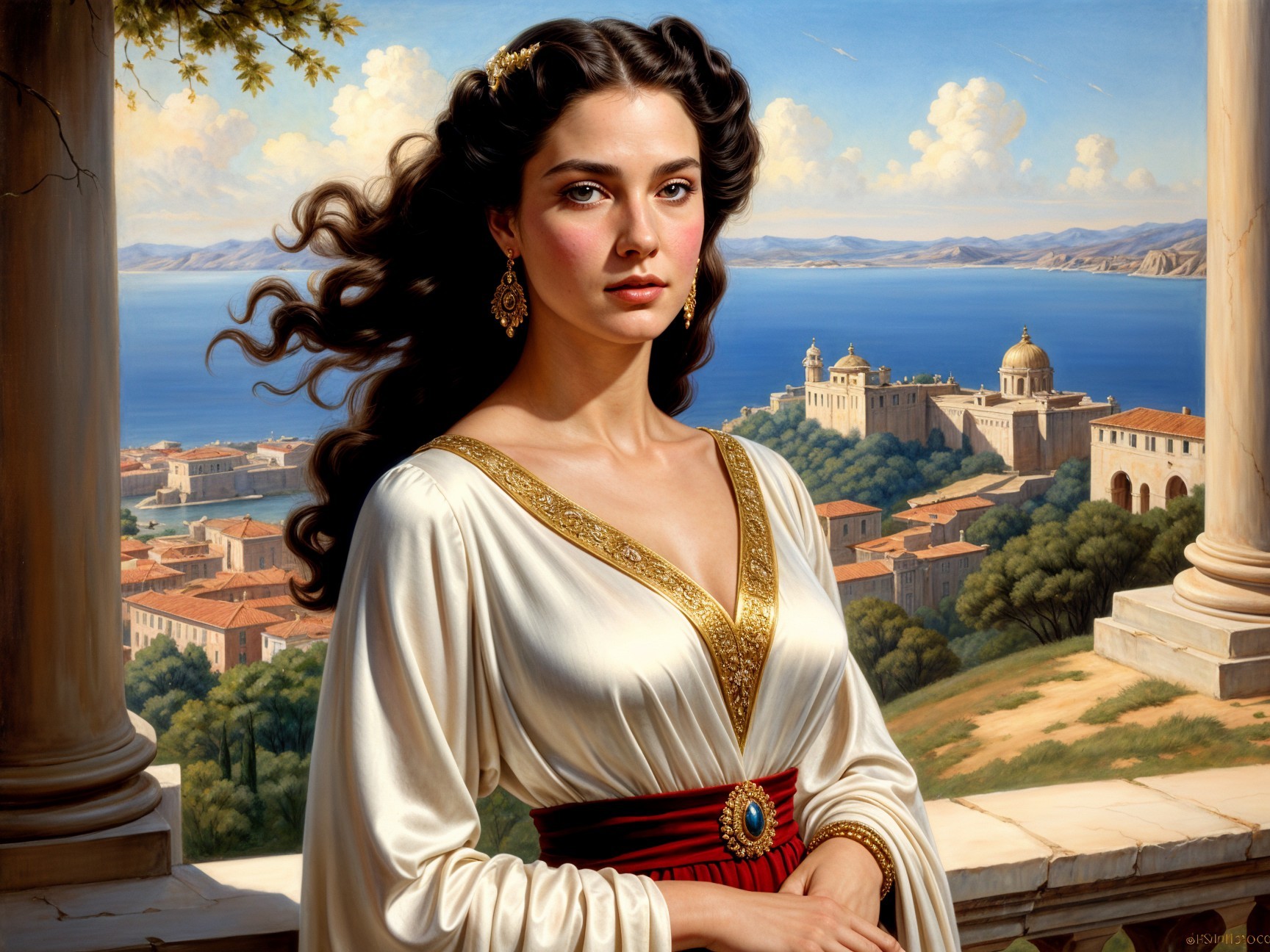Regal Woman in White Dress by Coastal Landscape