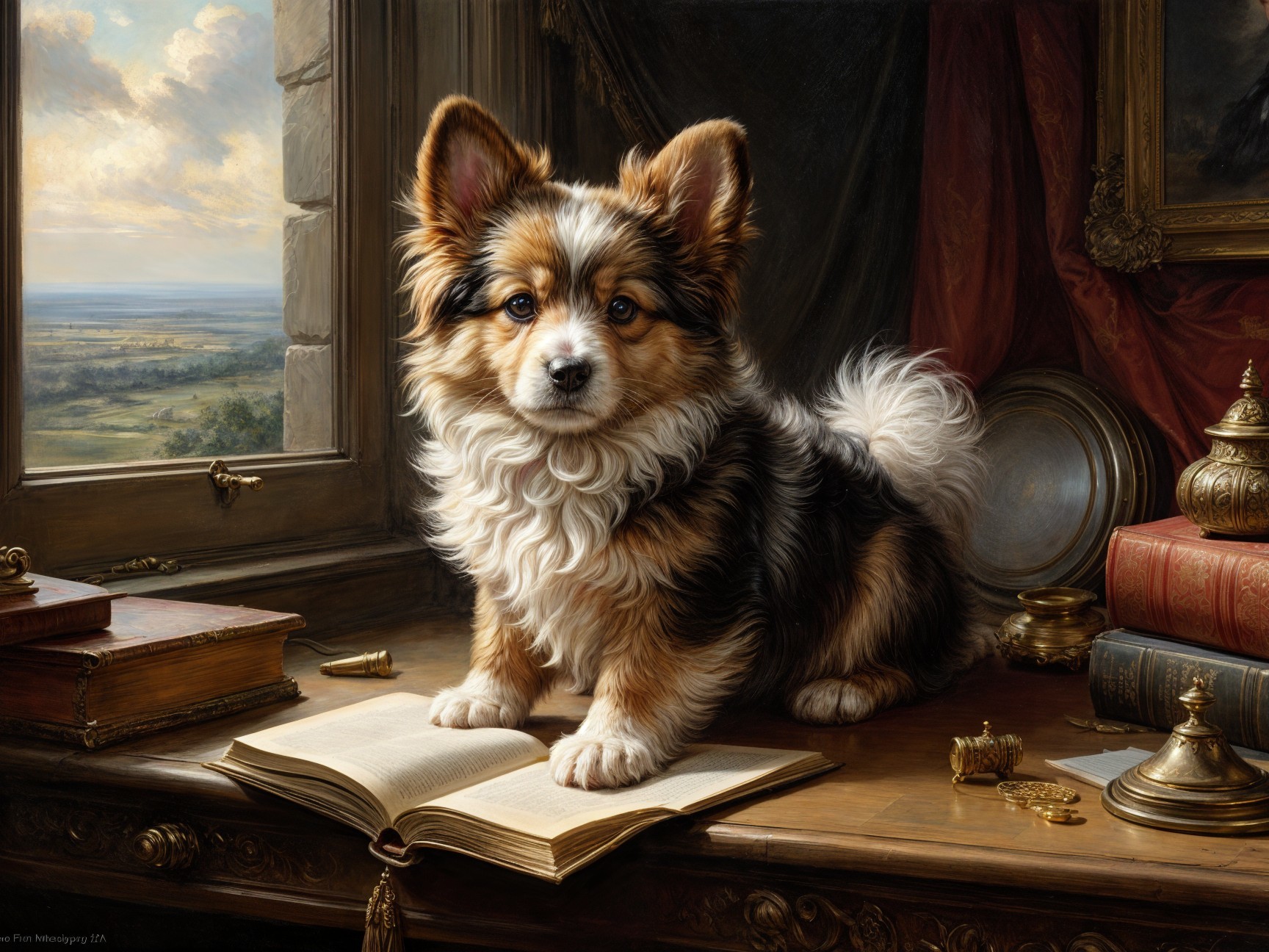Fluffy Dog on Desk with Open Book and Scenic View
