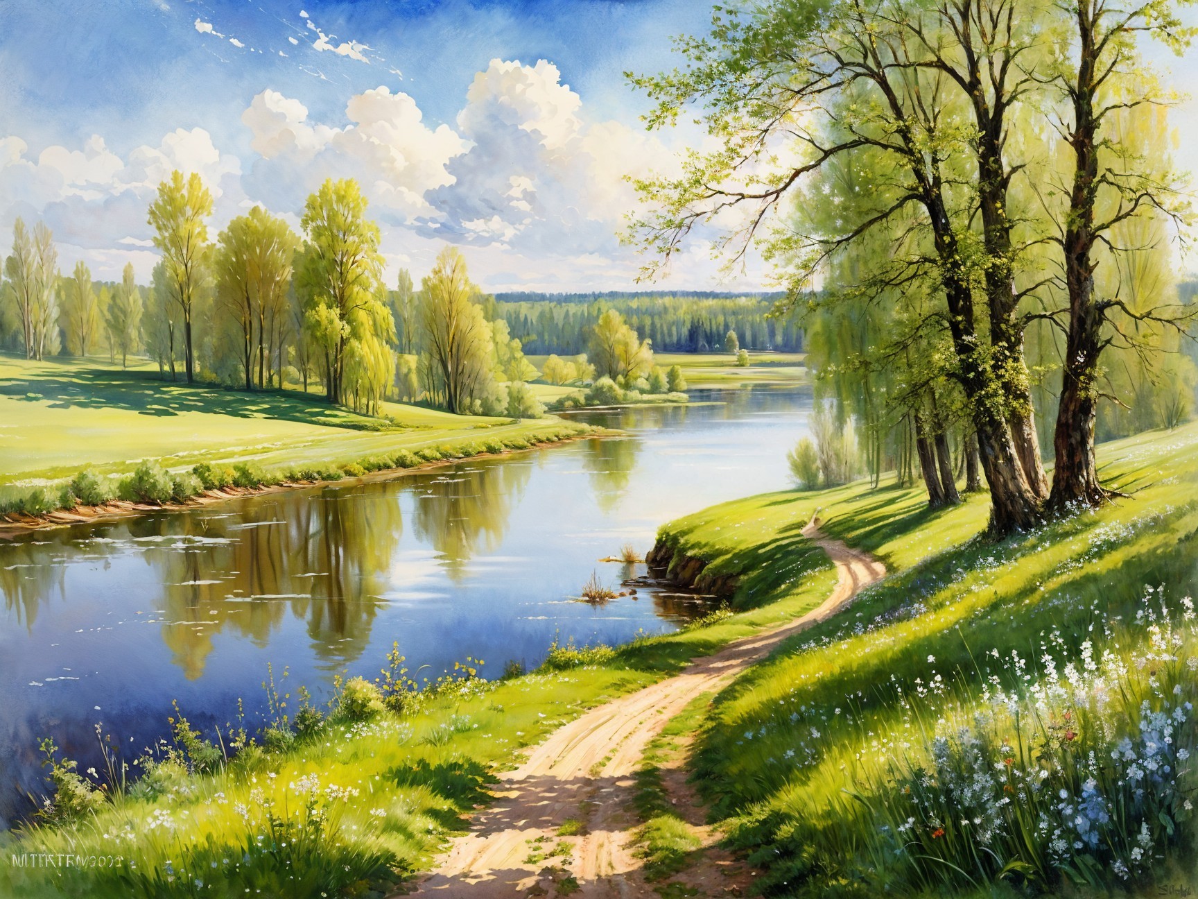 Serene River Landscape with Greenery and Wildflowers