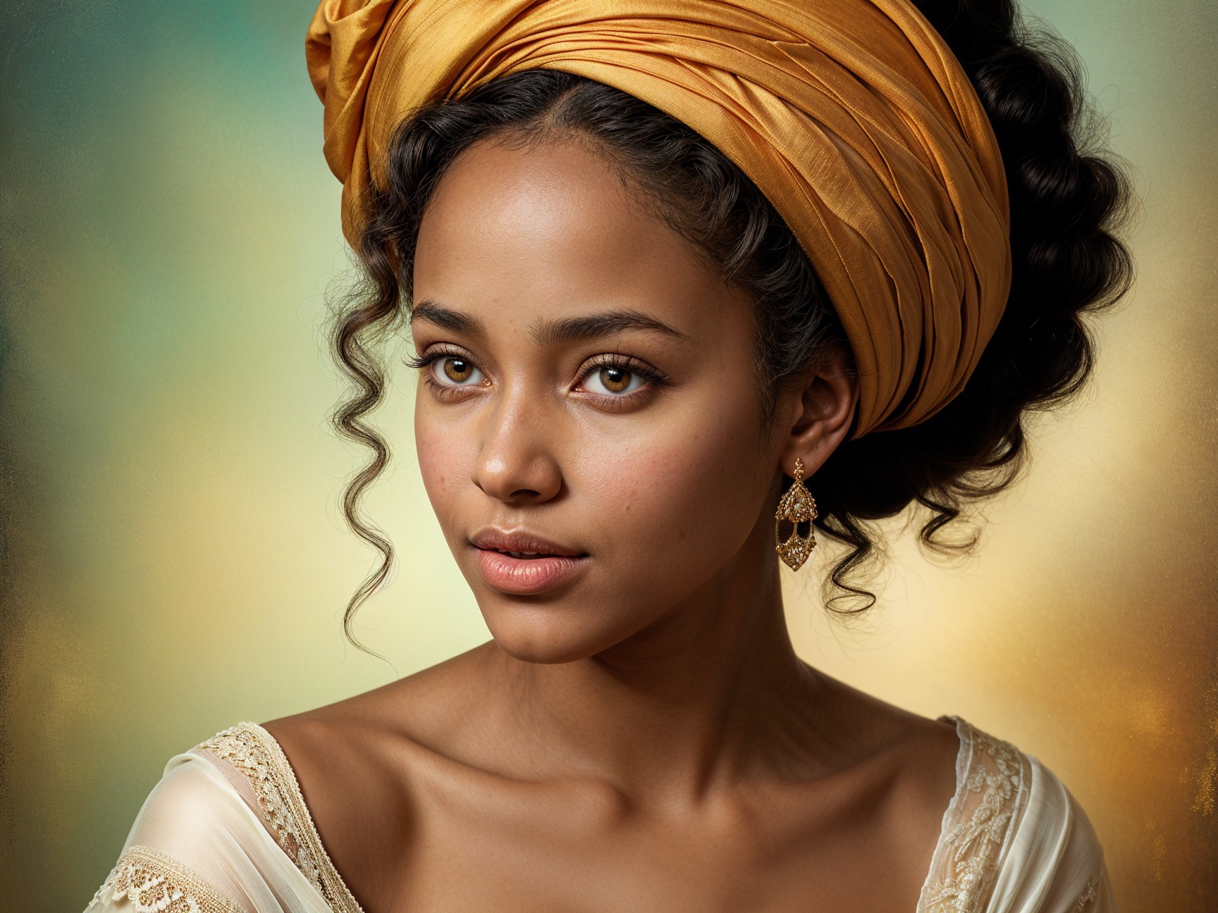 Young Woman with Golden-Orange Headwrap and Earrings