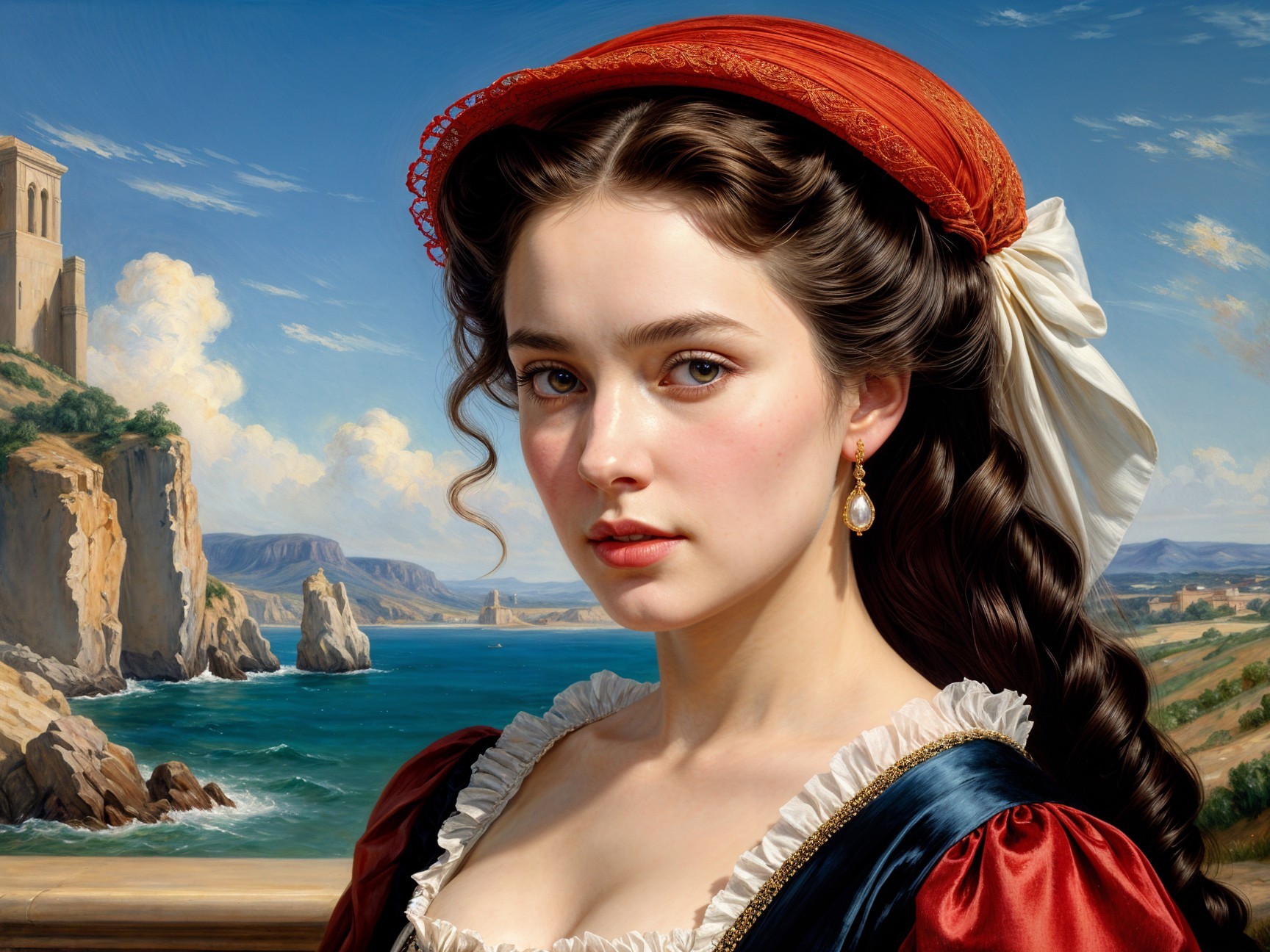 Young Woman in Elegant Dress Against Coastal Landscape