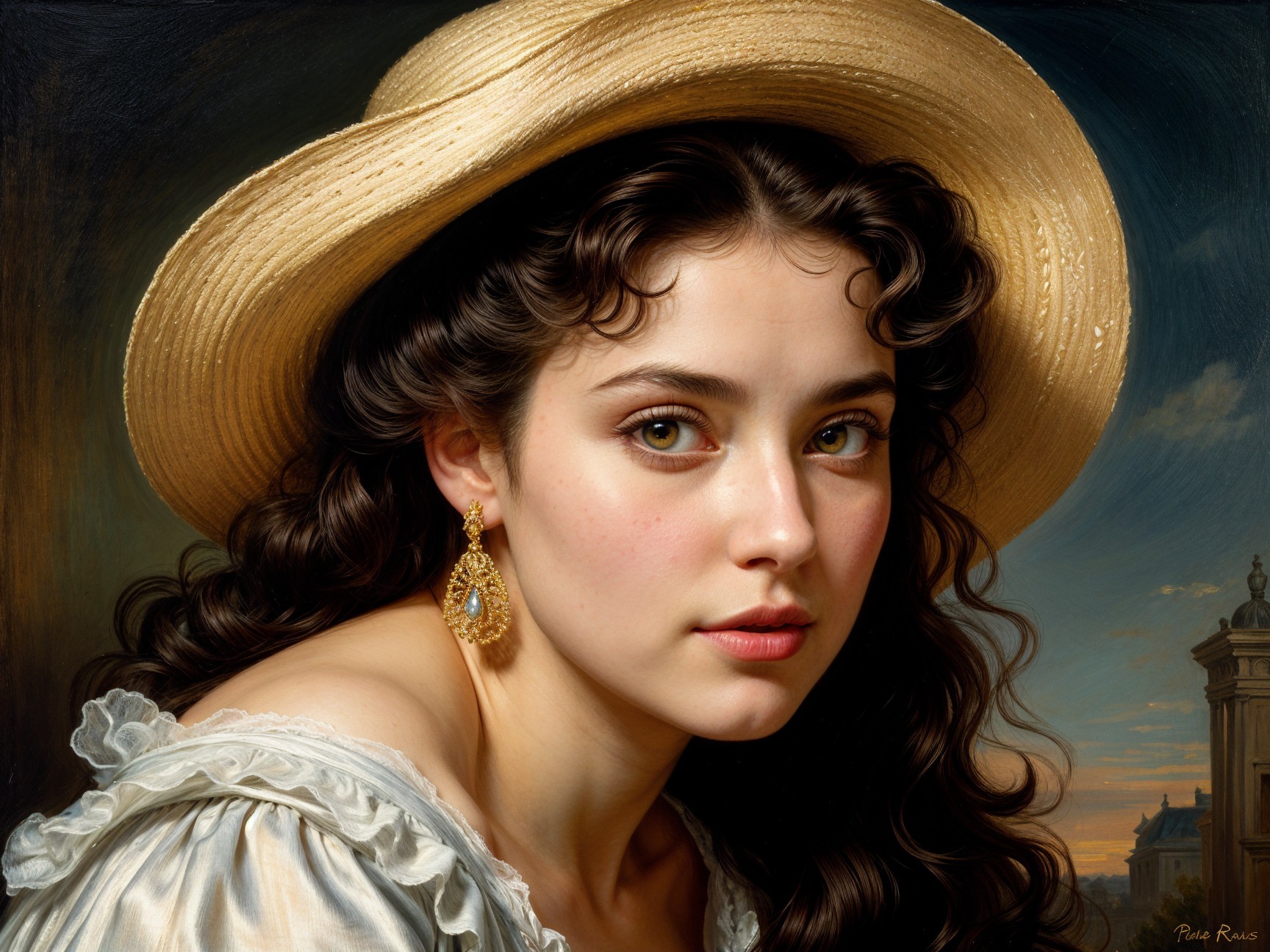 Young Woman in Straw Hat Against Scenic Landscape