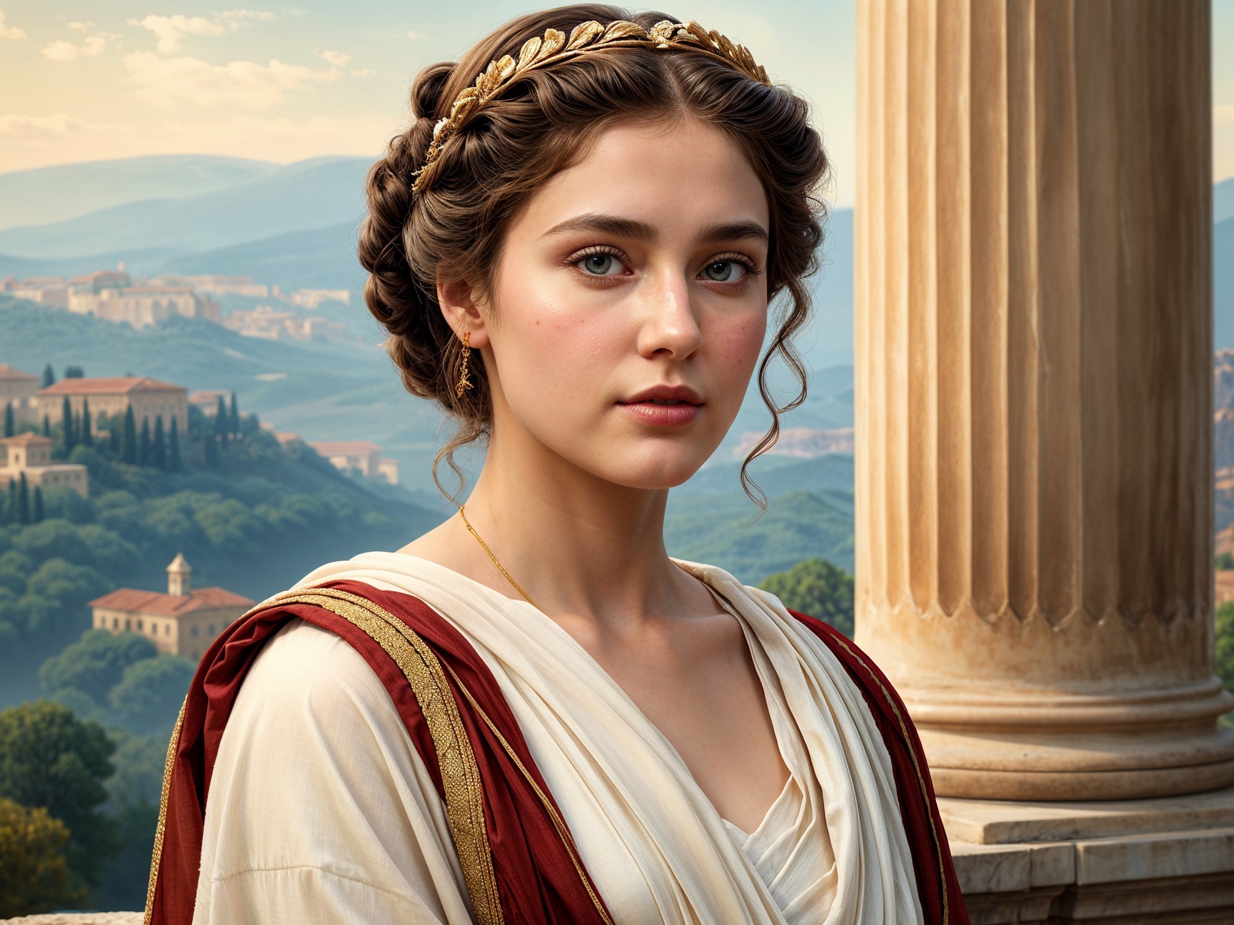 Young Woman in Elegant Robe with Laurel Crown