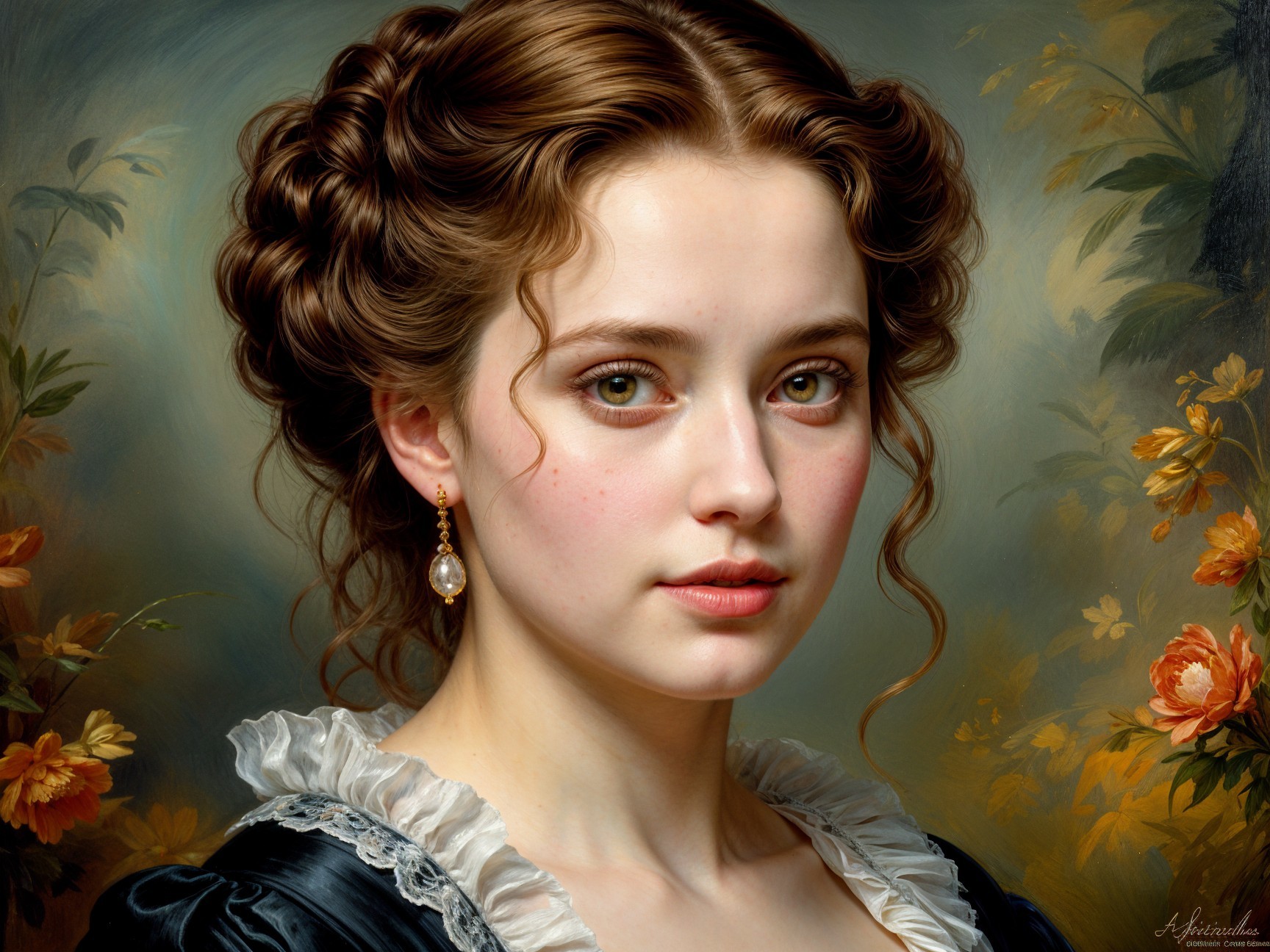 Young woman in black dress with green eyes and curls