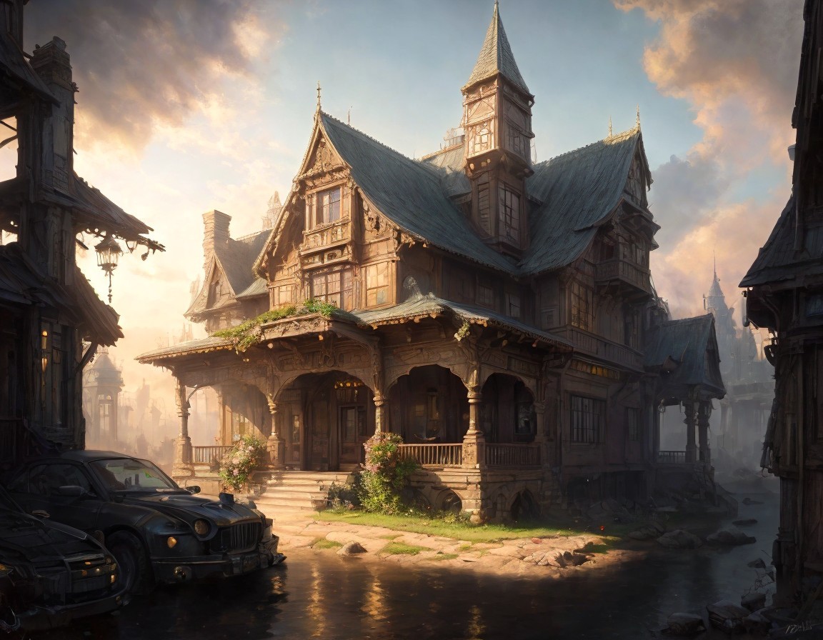 Old mansion with intricate architecture in misty landscape
