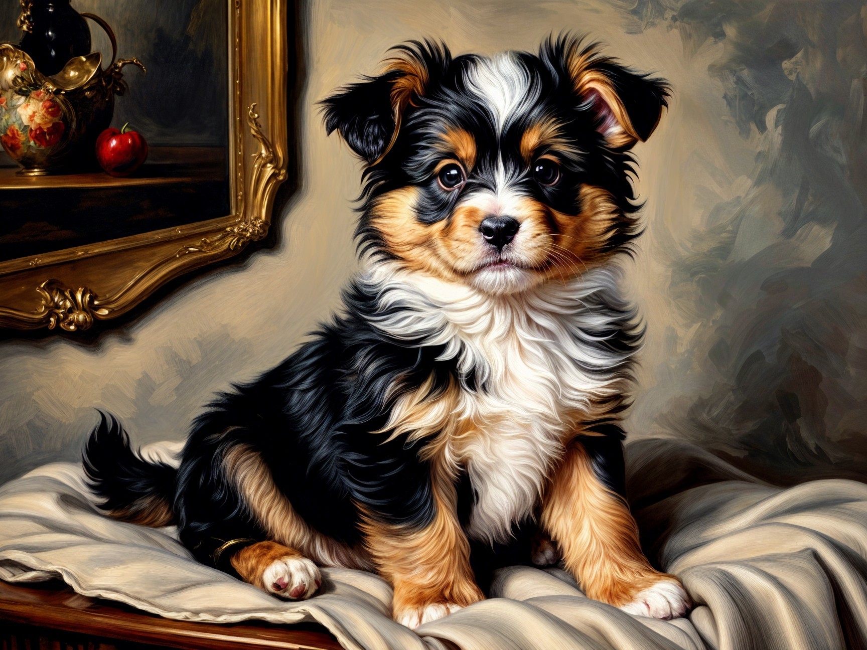 Cute Fluffy Puppy on Soft Surface with Classic Decor