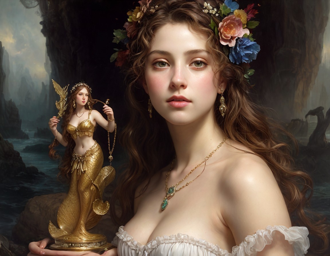 Portrait of woman in floral crown and classical attire with golden statue in ethereal forest.