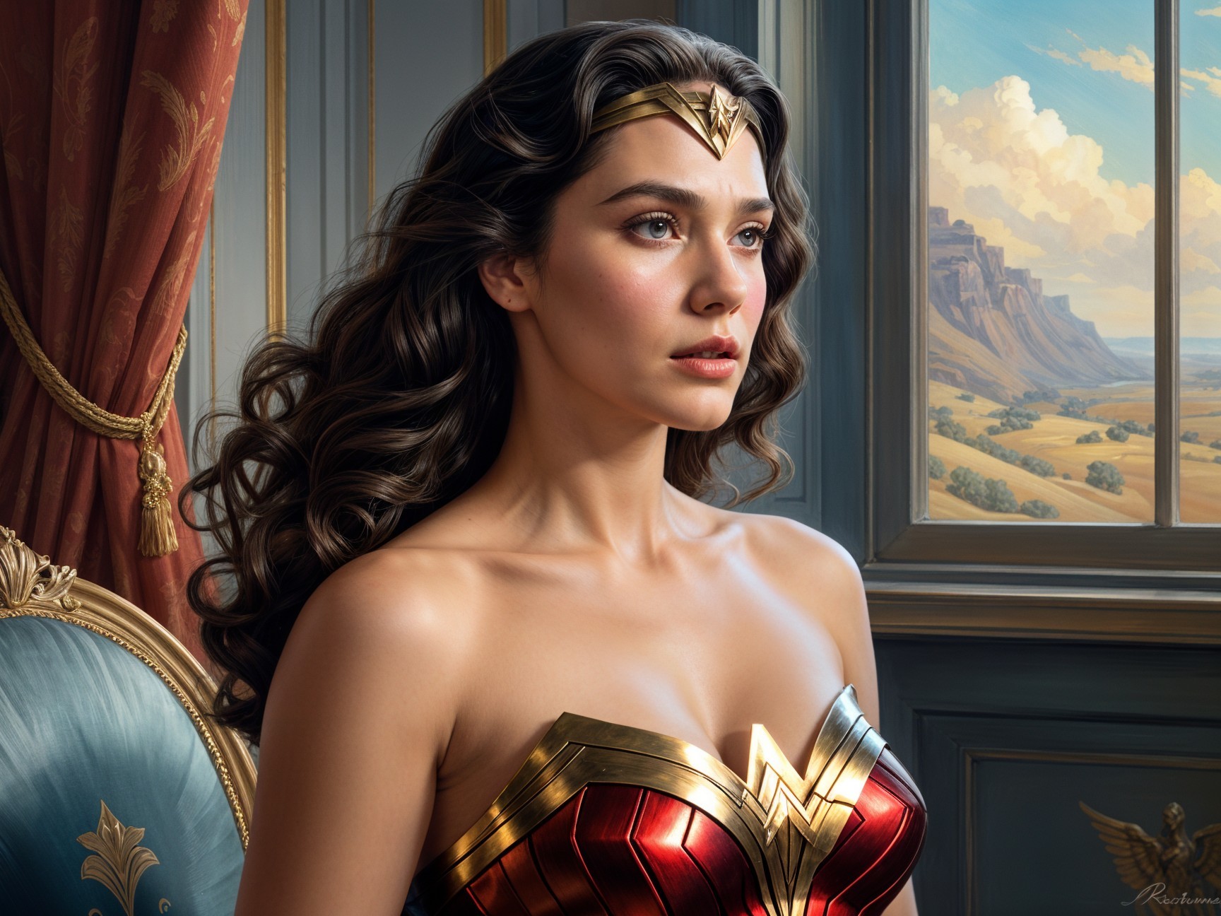 Young woman in heroic red and gold warrior outfit