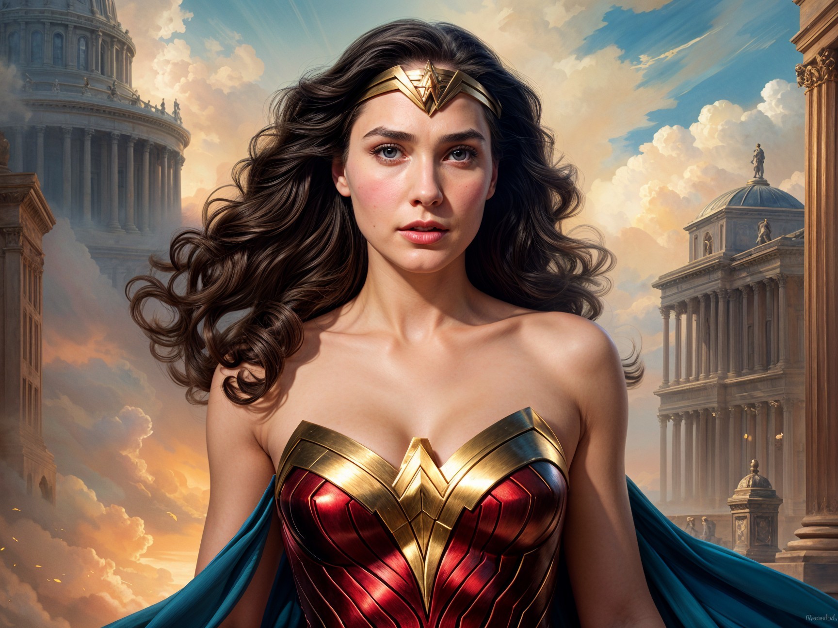 Heroic Figure in Red and Gold Costume with Cape