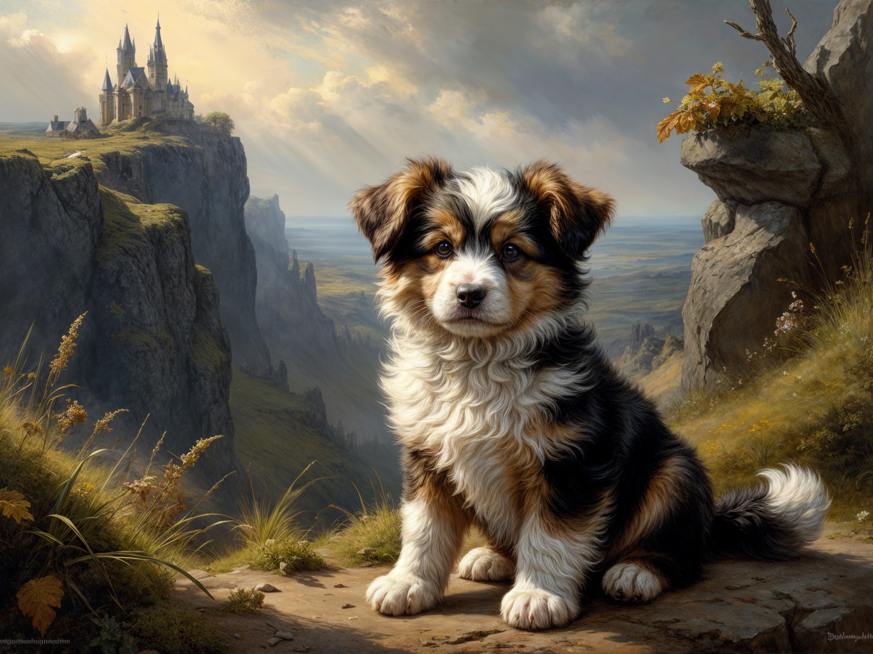 Fluffy Tri-Color Puppy on Rocky Ledge with Castle View