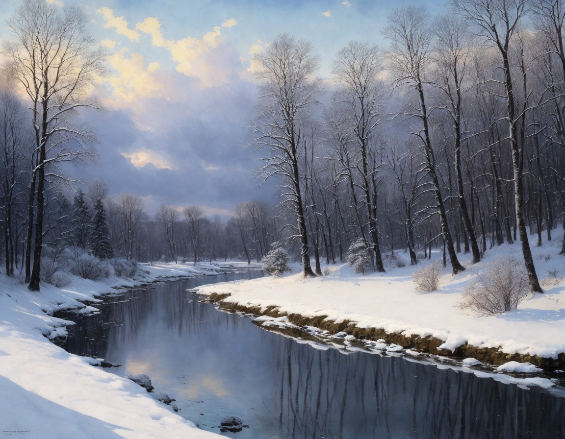Snow-covered riverside with bare trees under cloudy sky reflecting sunlight.