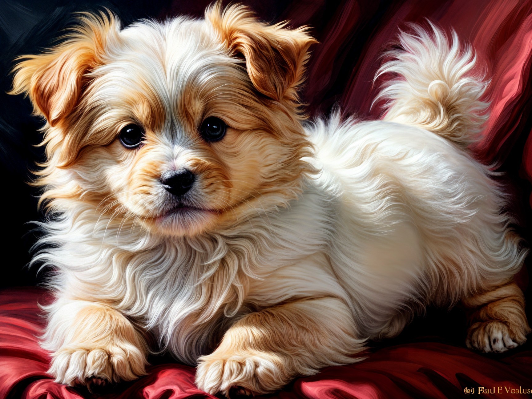 Fluffy Golden-White Puppy on Red Fabric Background