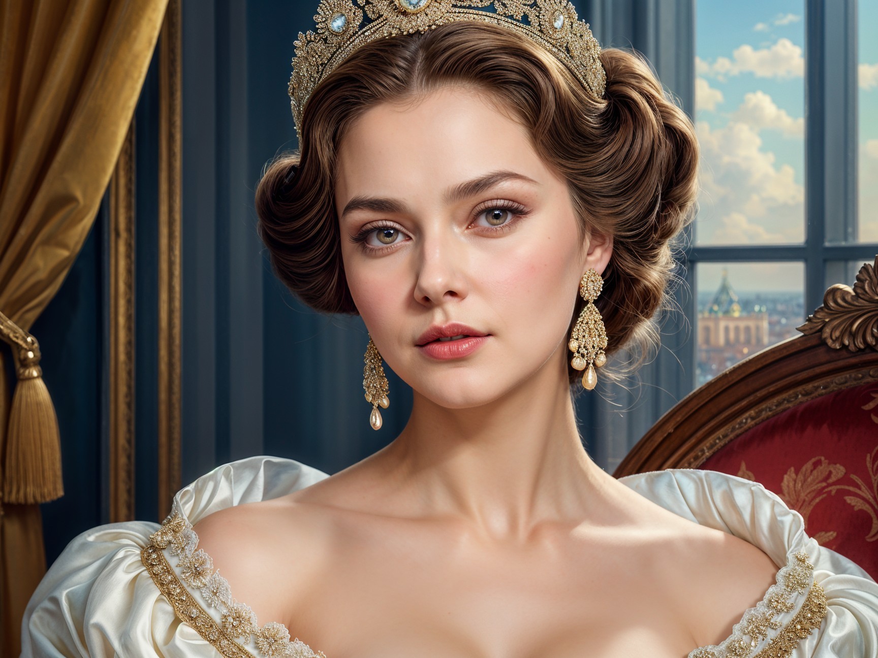 Elegant young woman in historical gown and crown