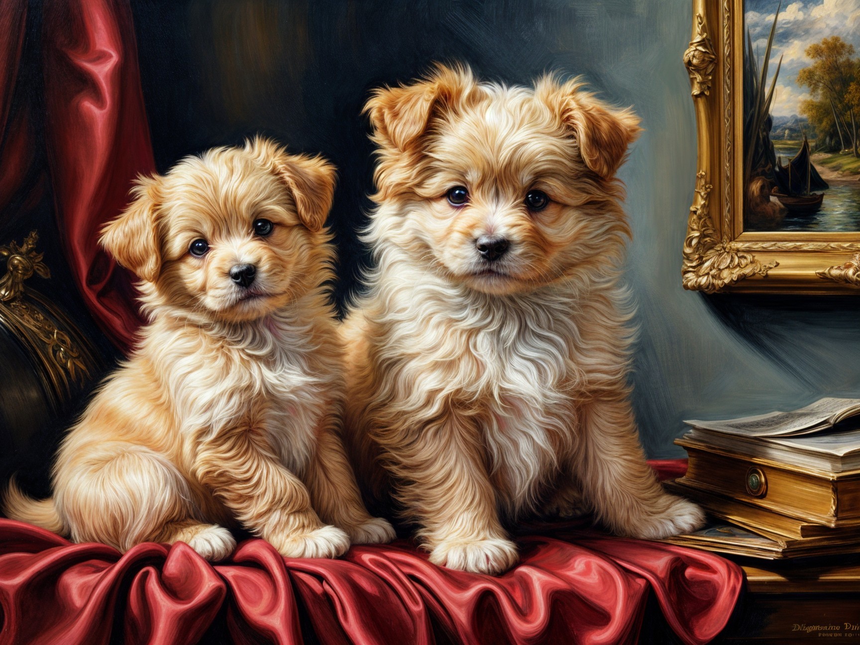 Puppies on Red Velvet Drape with Elegant Background