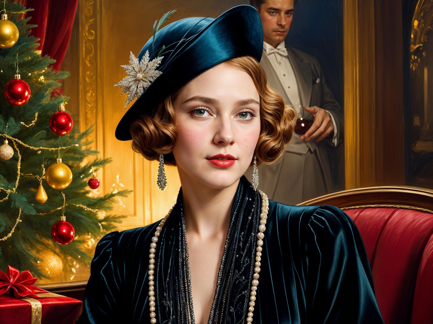 Glamorous Woman in Blue Velvet Dress at Festive Scene