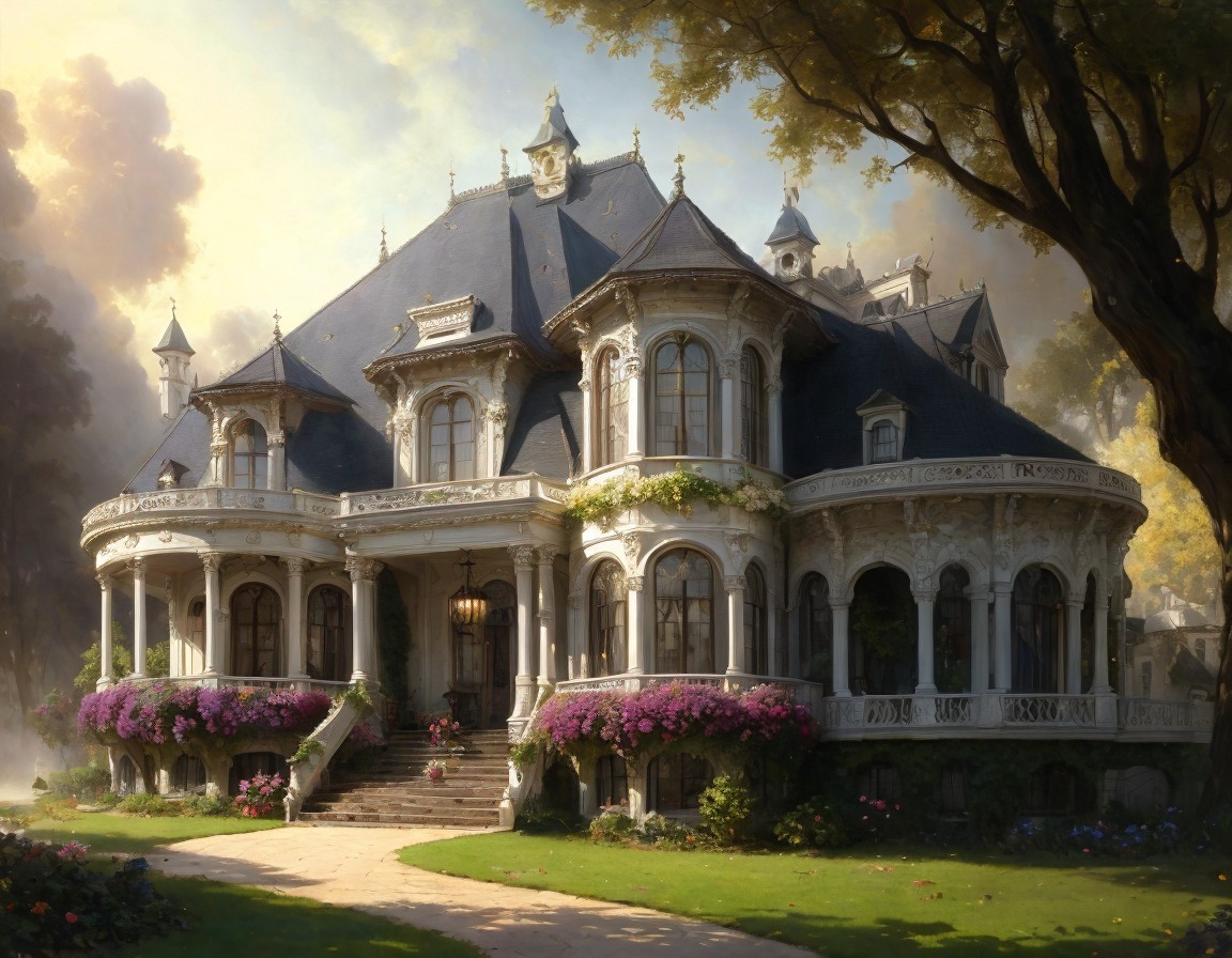 French Architectural Style Mansion with Gardens and Staircase