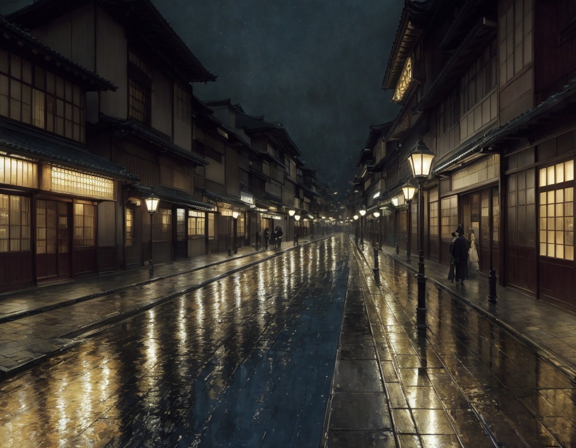 Rainy Night Scene: Reflective Street with Traditional Buildings and Umbrella Person