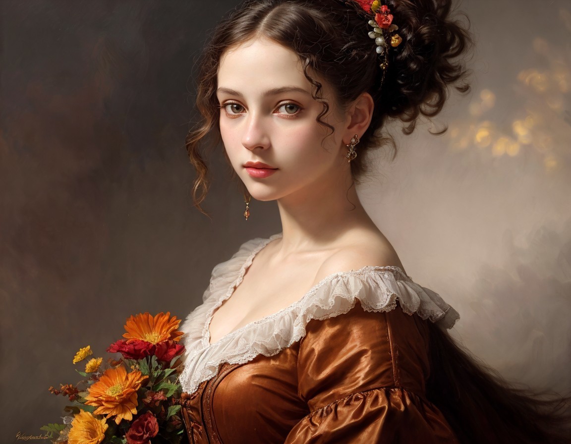 Portrait of a woman with updo hairstyle and floral adornments in brown dress with lace, holding bouquet