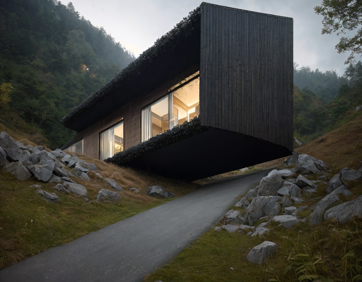 Cantilevered modern building in rocky terrain with pathway
