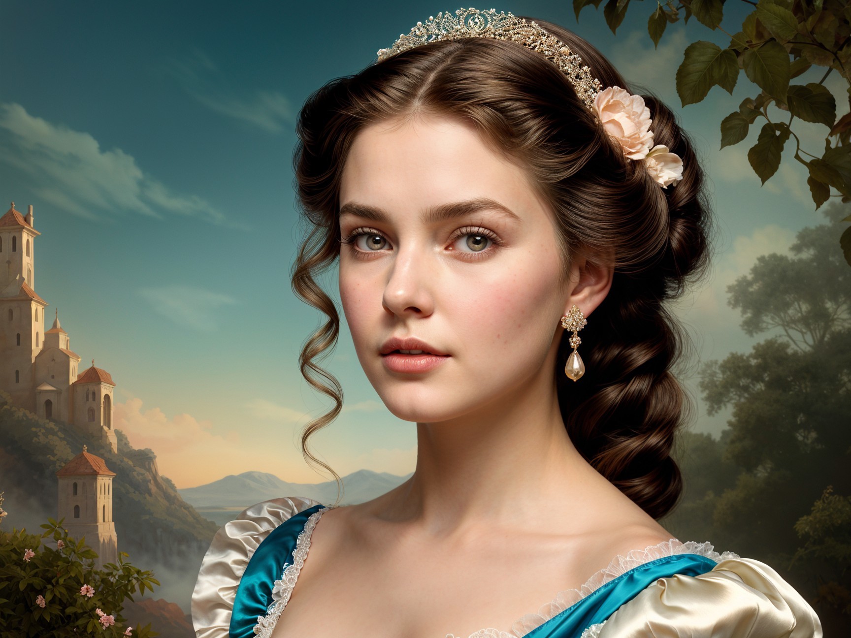Young woman in blue dress with tiara in scenic landscape