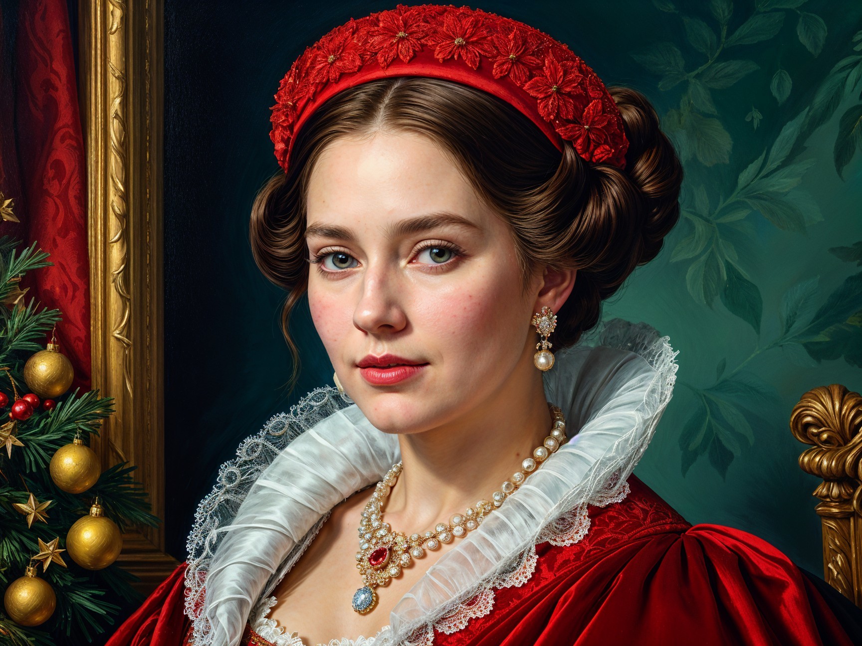 Young Woman in Lavish Red Dress with Holiday Theme