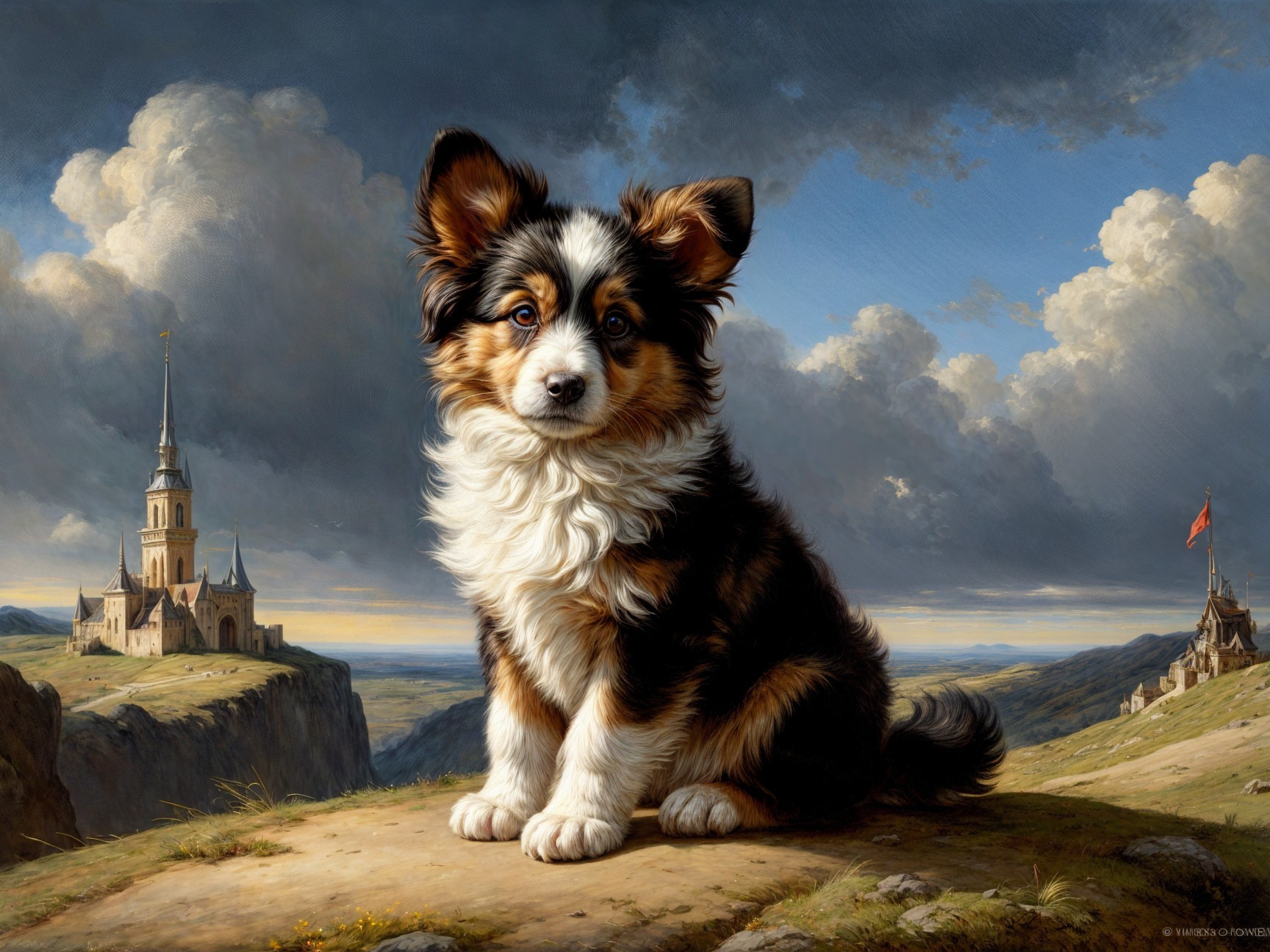 Fluffy Puppy in Scenic Landscape with Mountains and Castle