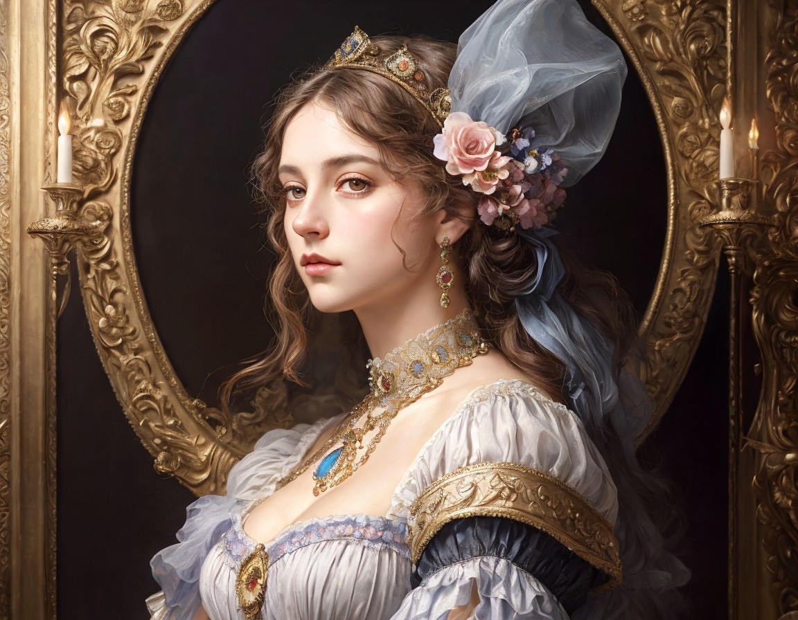 Regal woman in historical attire with jeweled accessories beside golden framed mirror.