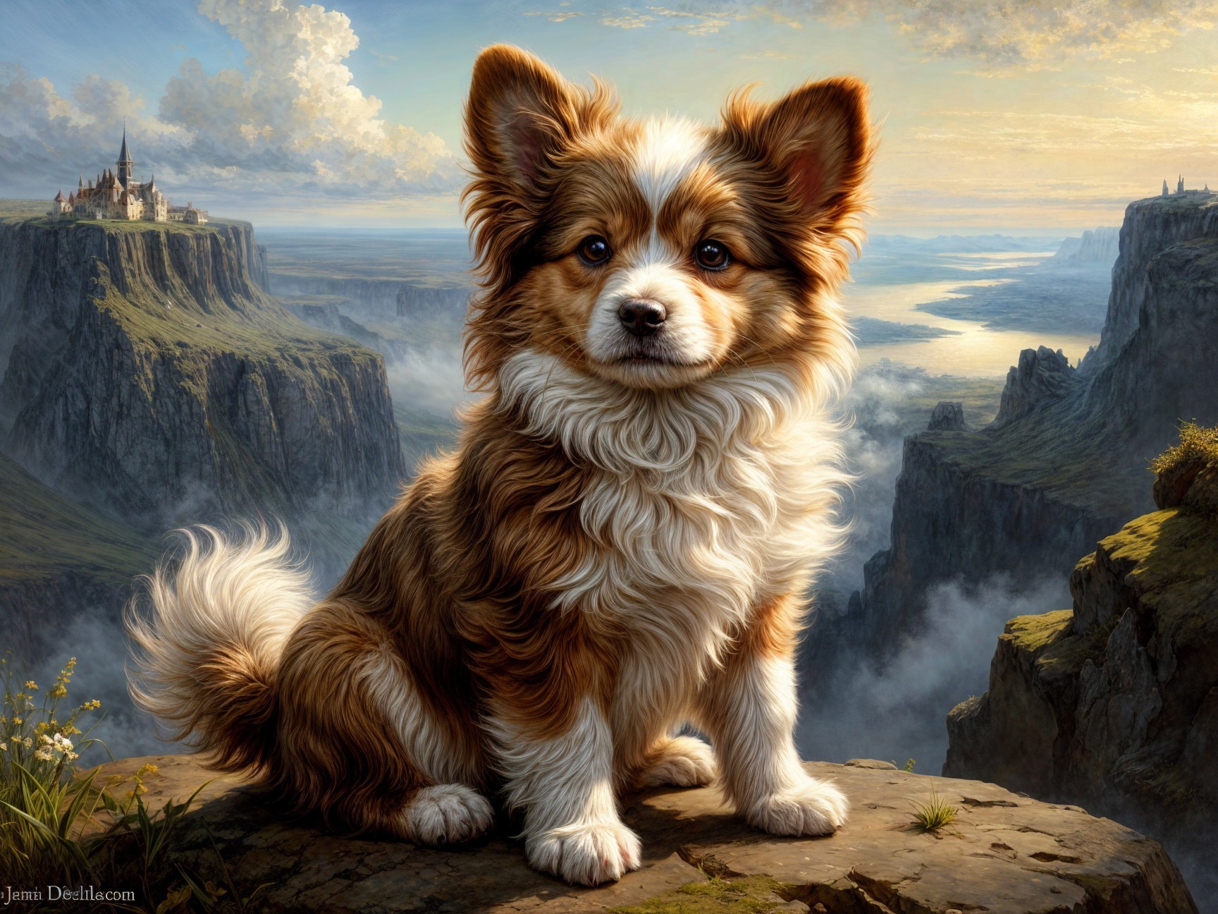 Fluffy Dog on Rocky Ledge Overlooking Scenic Landscape