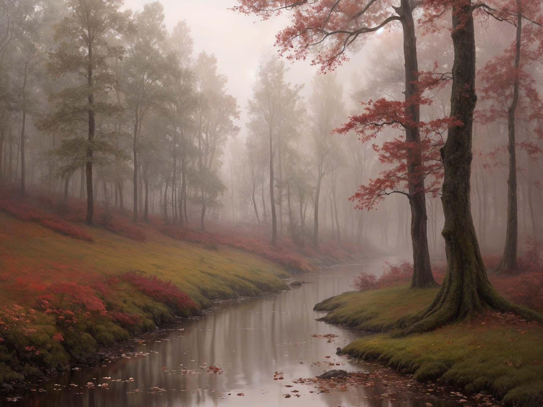 Tranquil Forest Scene with Autumn Foliage and River