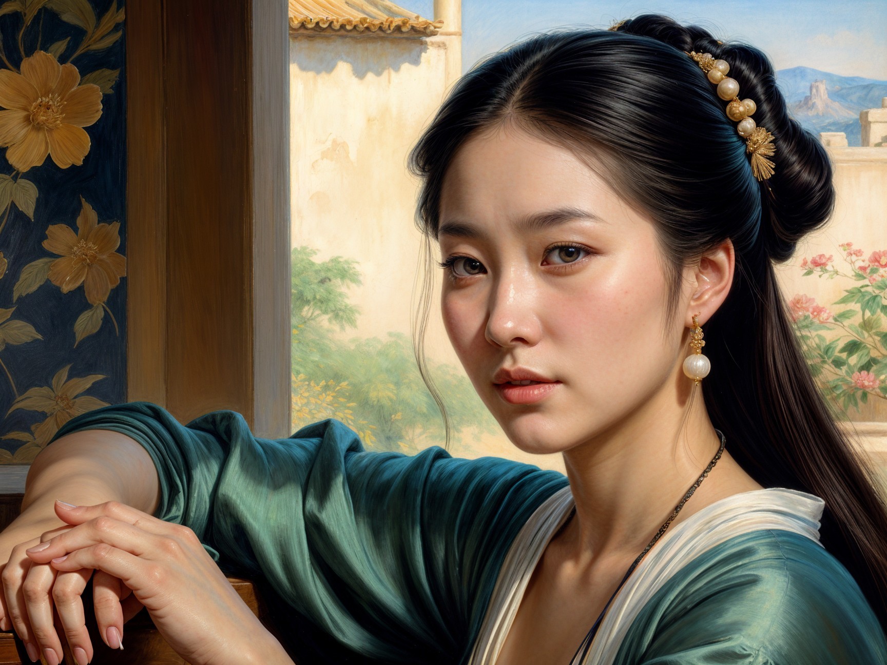 Elegant Woman in Green Garment by Window with Pearls