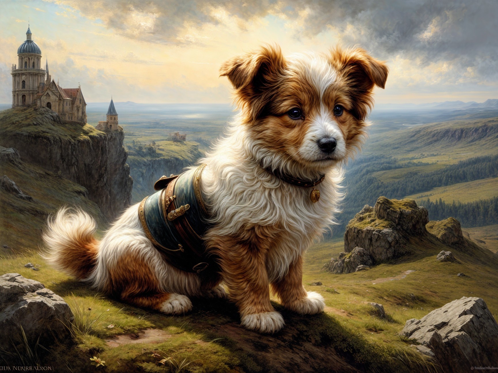 Dog on Rocky Ledge with Castle at Dusk