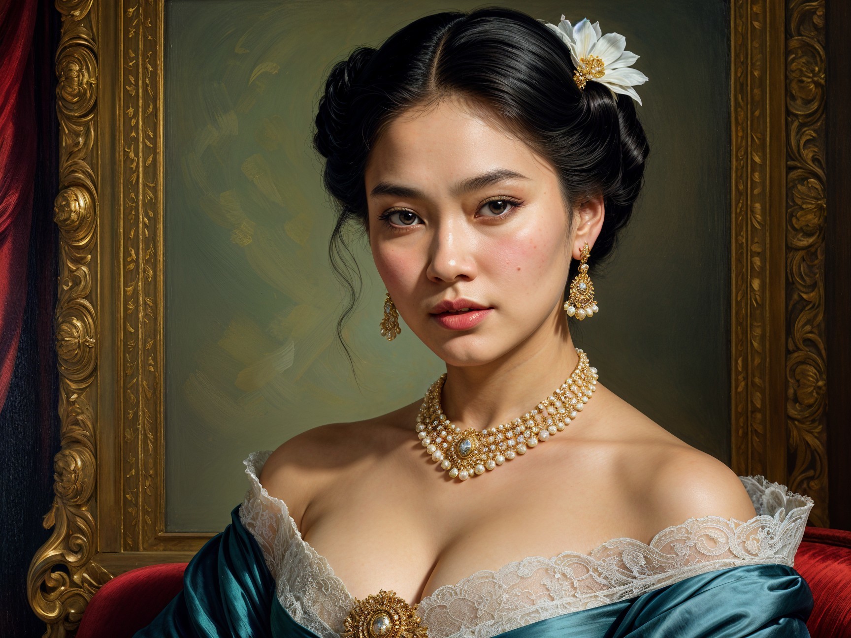 Elegant Portrait of a Woman in Teal Dress and Flowers