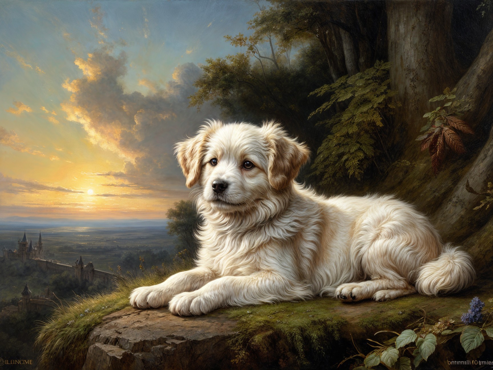Fluffy Puppy on Stone Ledge at Sunset Landscape