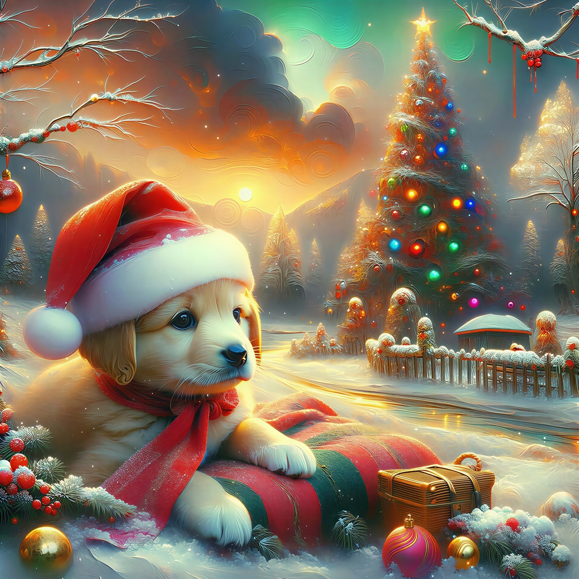 Golden Retriever Puppy in Festive Winter Scene