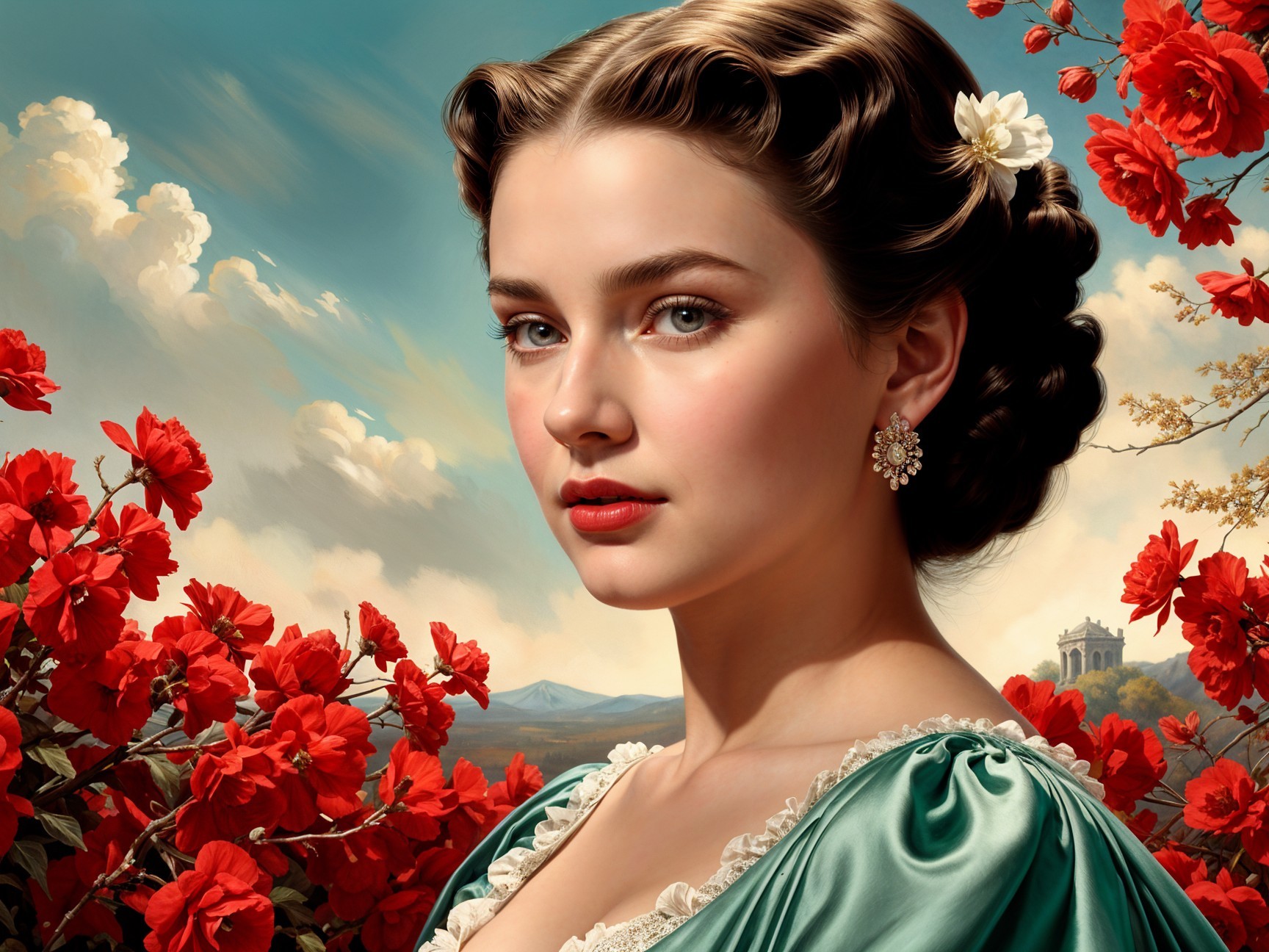 Portrait of a Woman in Green Gown with Floral Setting