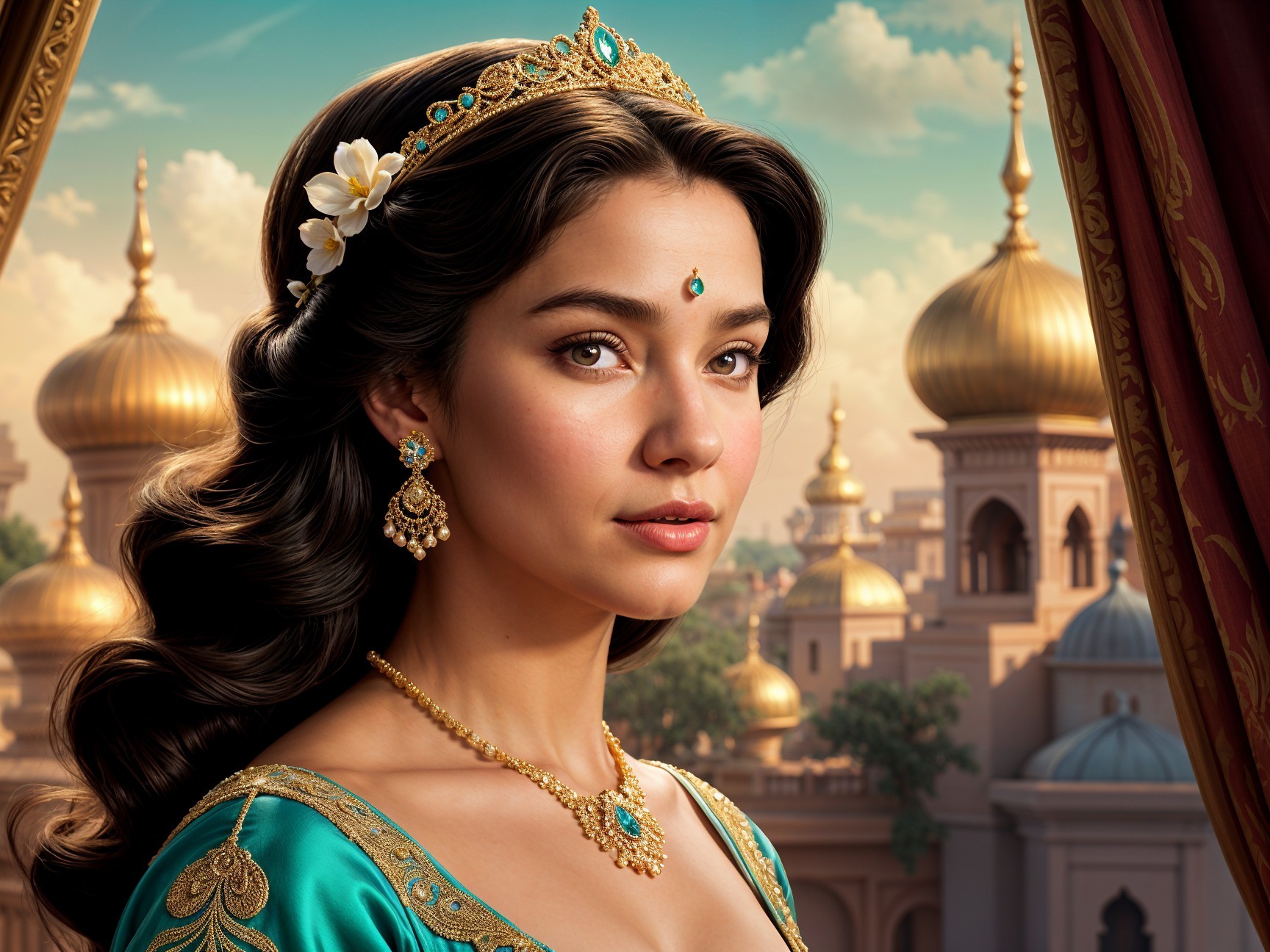Regal Woman in Turquoise Gown with Palace Backdrop