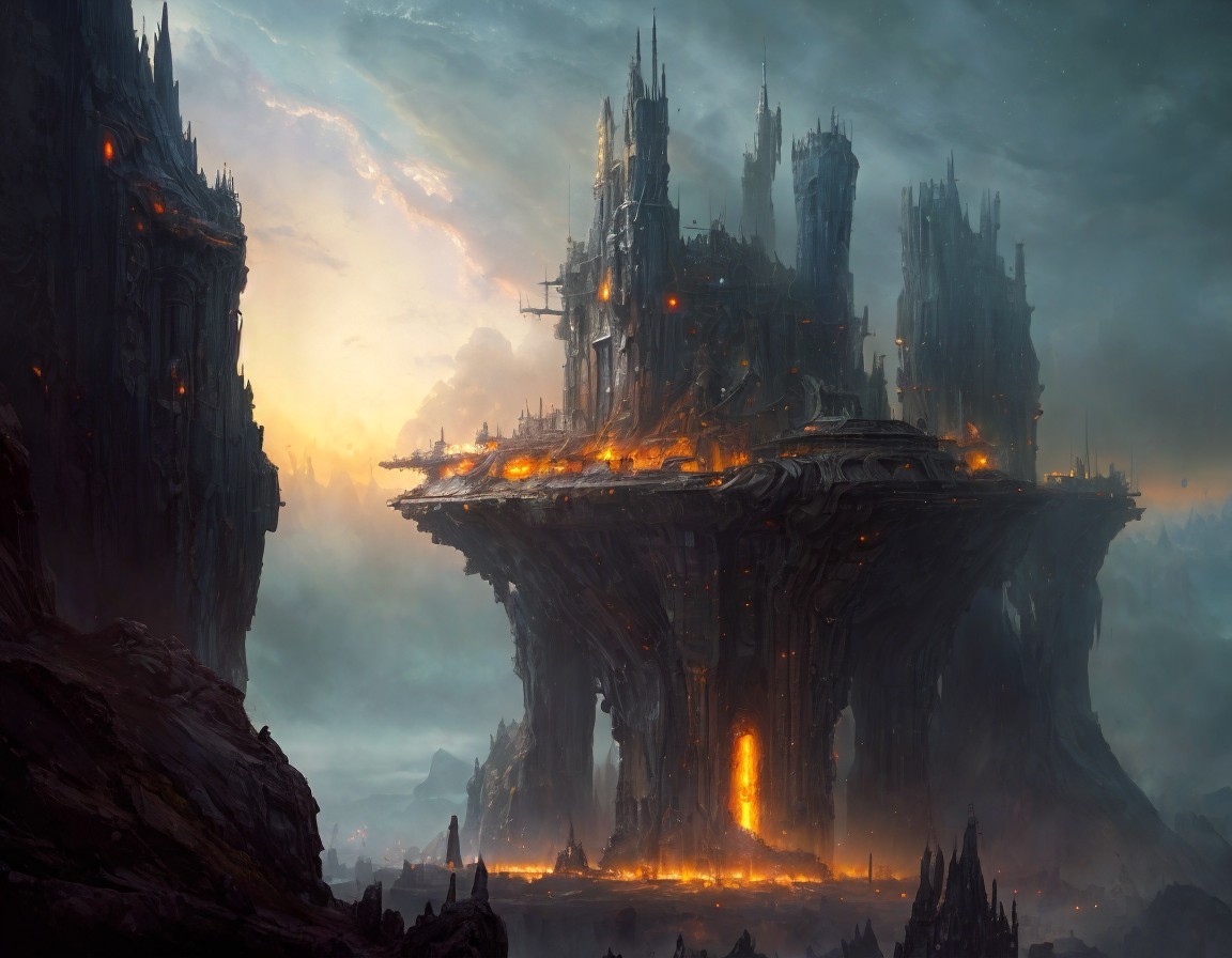 Floating Fortress Illuminated in Mountainous Landscape