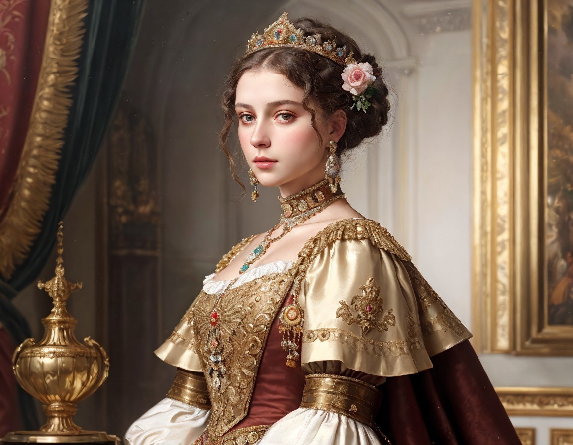 Young Woman in Opulent Historical Dress and Tiara