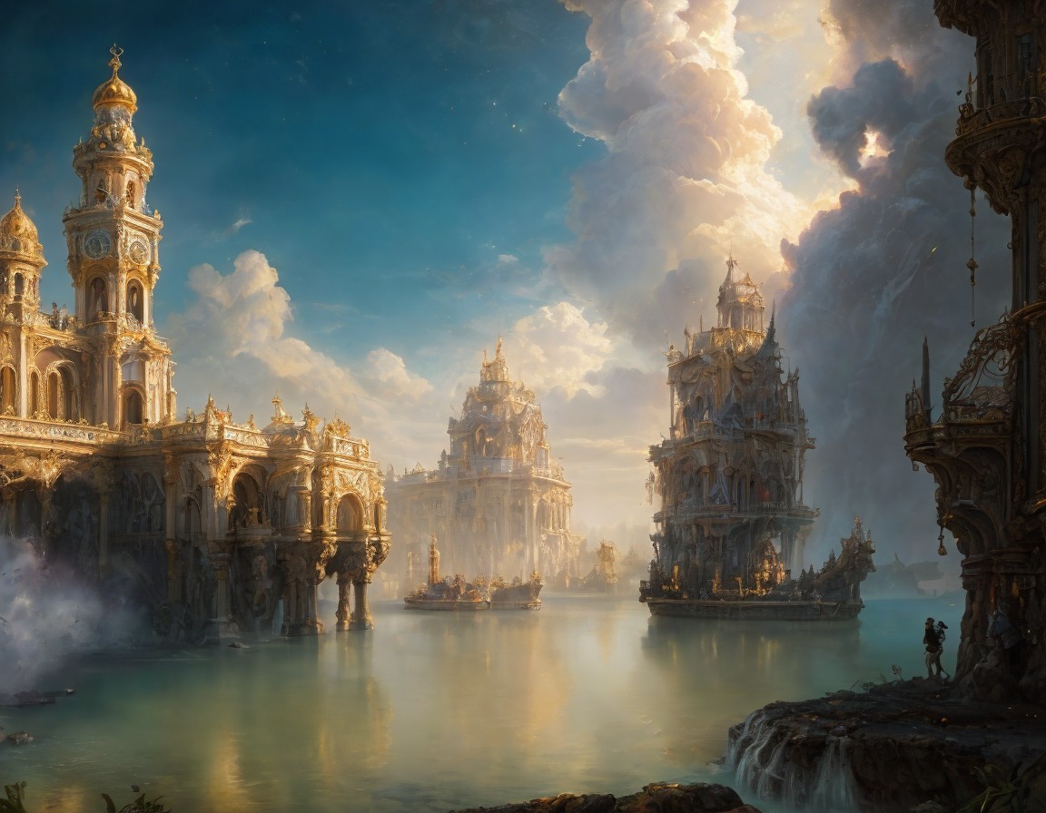 Baroque-style cityscape with waterfalls and dramatic sky